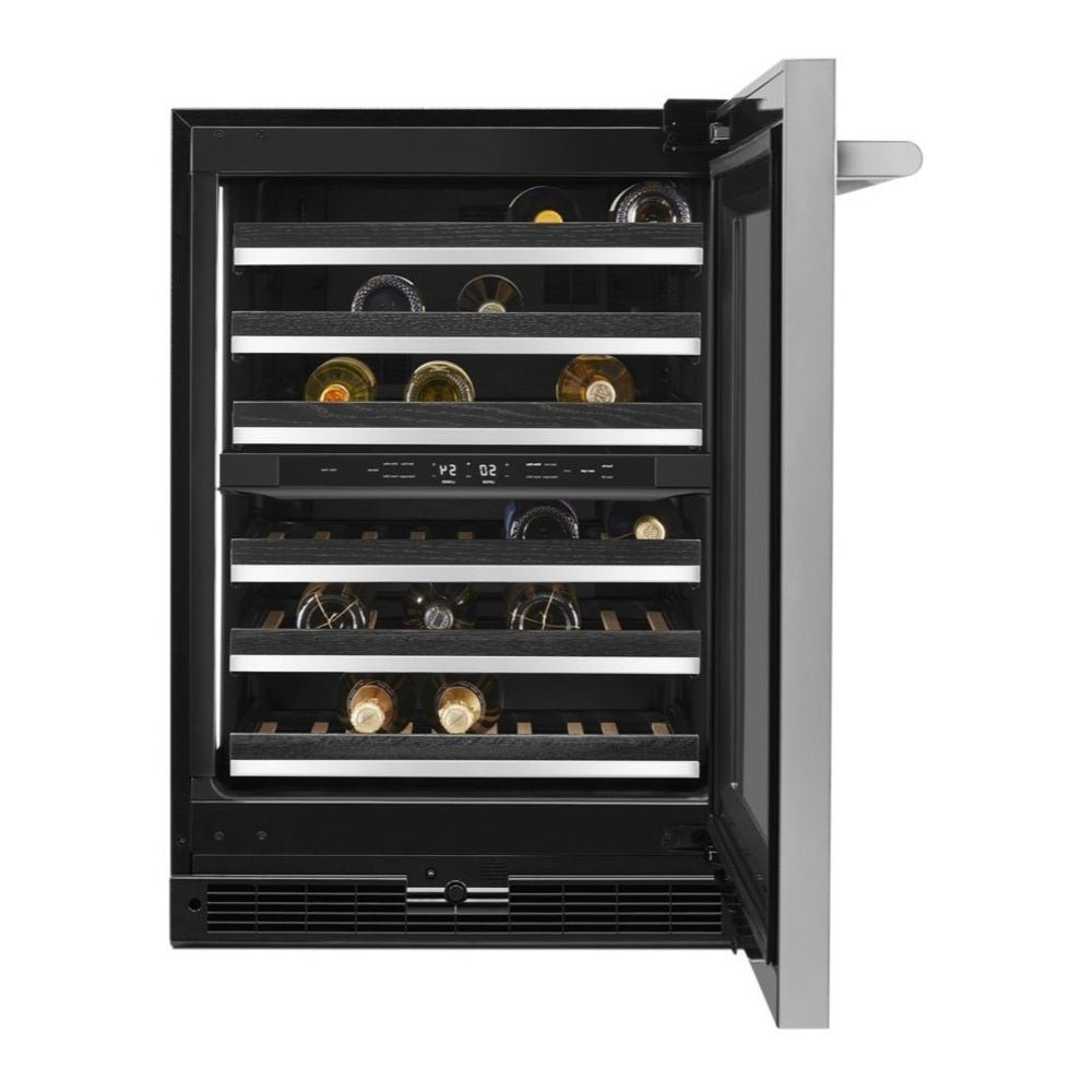 JennAir RISE 24 inch Built-In Undercounter Wine Cellar with 45 Bottle Capacity, Independent Temperature Zones in Stainless Steel, JUWF*242HL