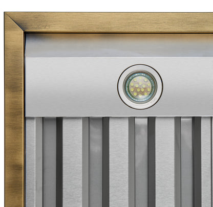 Forno Vittorio 36-Inch Wall Mount Range Hood, Antique Brass Trim, 424 CFM Airflow, Dishwasher-Safe Baffle Filters, Remote Control, 3-Speed Fan, Bright LED Lighting.