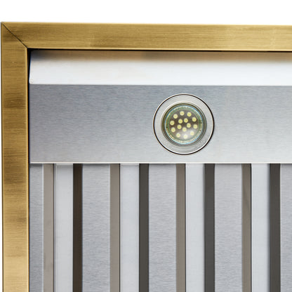 Forno Vittorio 36-Inch Wall Mount Range Hood, Antique Brass Trim, 424 CFM Airflow, Dishwasher-Safe Baffle Filters, Remote Control, 3-Speed Fan, Bright LED Lighting.
