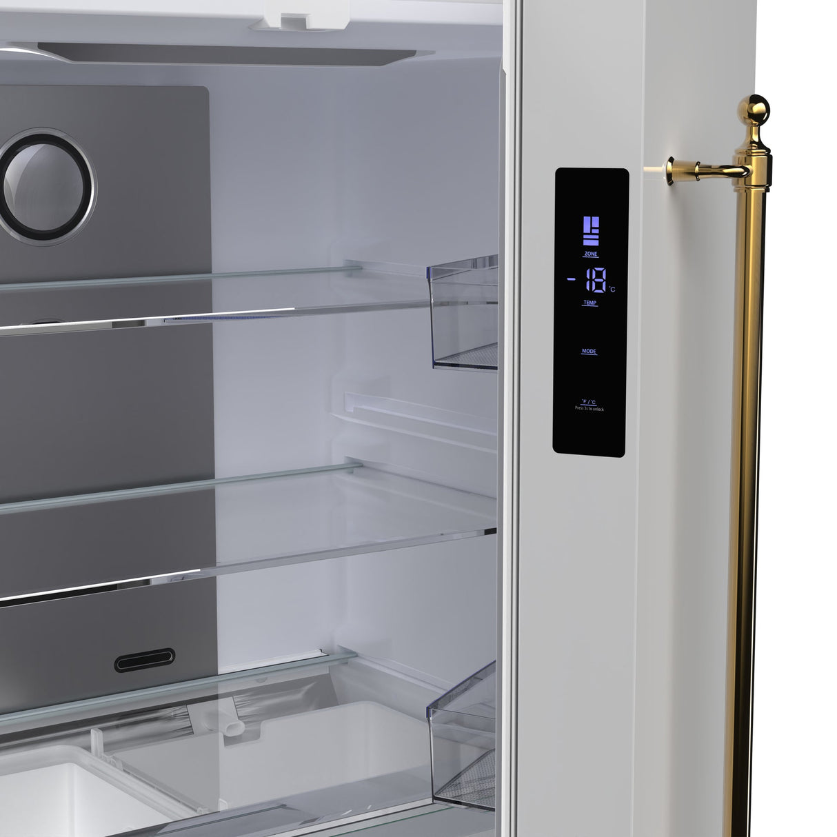 Forno Luigi 33-Inch French Door Refrigerator, 18 cu.ft, Antique Brass Handles, ENERGY STAR Certified