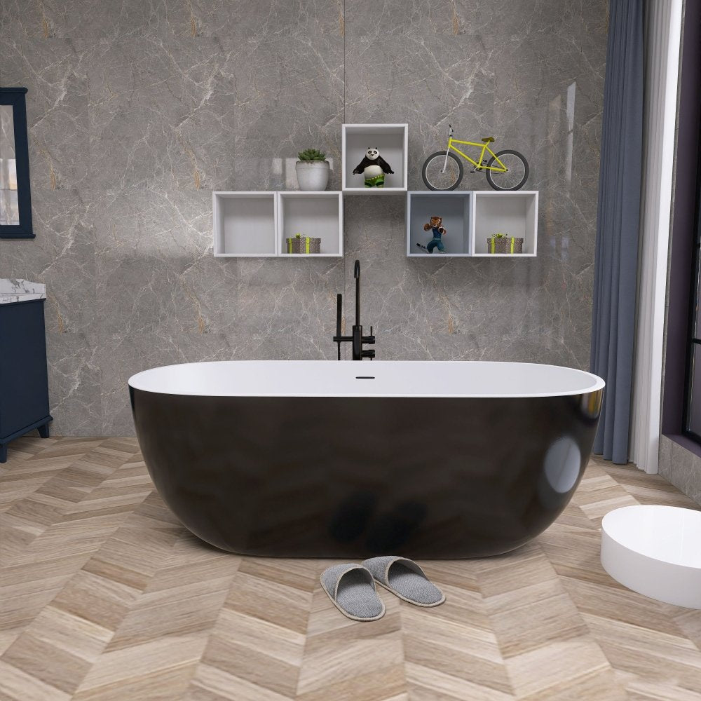 Classic 55 Inch Oval Acrylic Freestanding Soaking Tub With Overflow and Anti-Clog, Black (93741520)