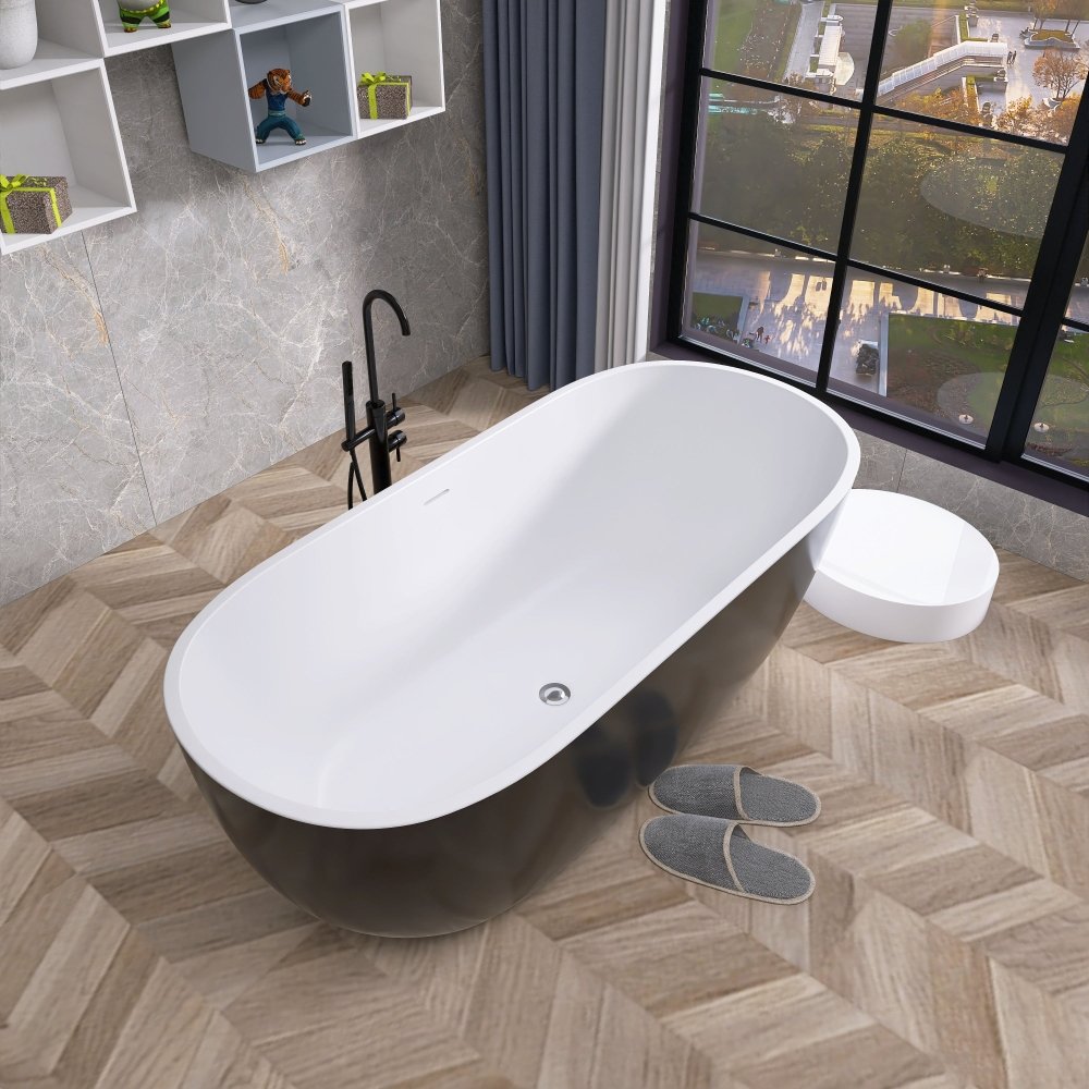 Classic 55 Inch Oval Acrylic Freestanding Soaking Tub With Overflow and Anti-Clog, Black (93741520)