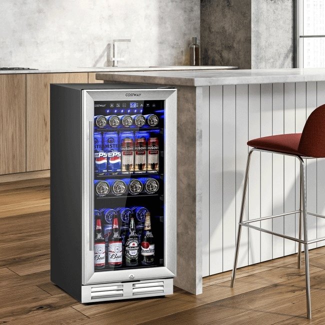 Costway 15'' Tall Built-In Freestanding Beverage Cooler Refrigerator, 100 Cans