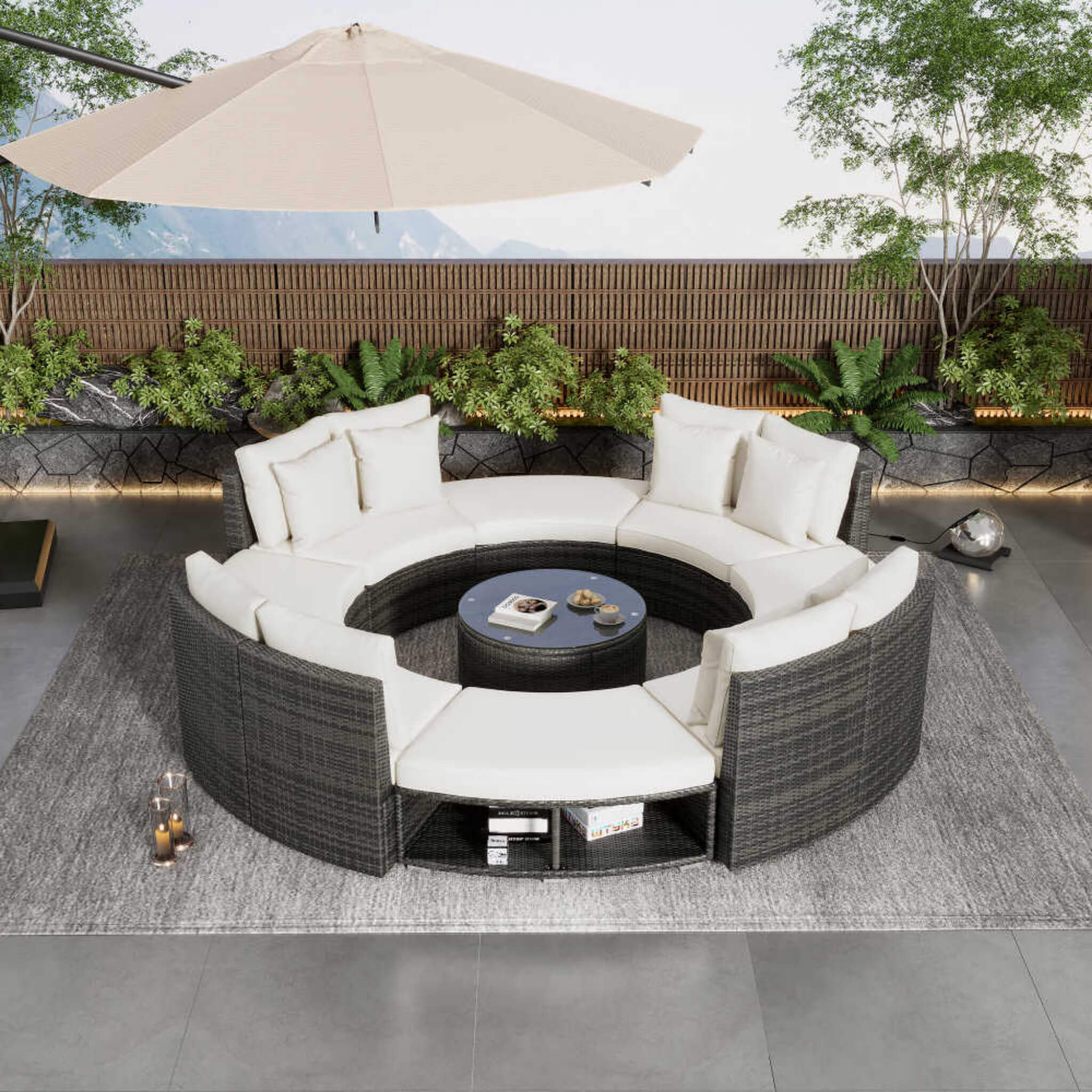 Elegant Beige Circular Rattan Patio Sofa Set With Tempered Glass Coffee Table And 6 Pillows