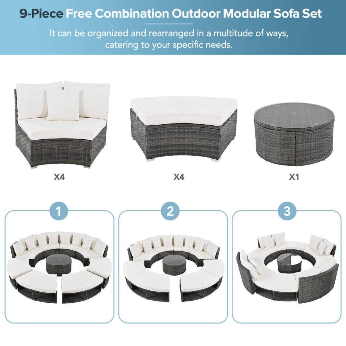 Elegant Beige Circular Rattan Patio Sofa Set With Tempered Glass Coffee Table And 6 Pillows