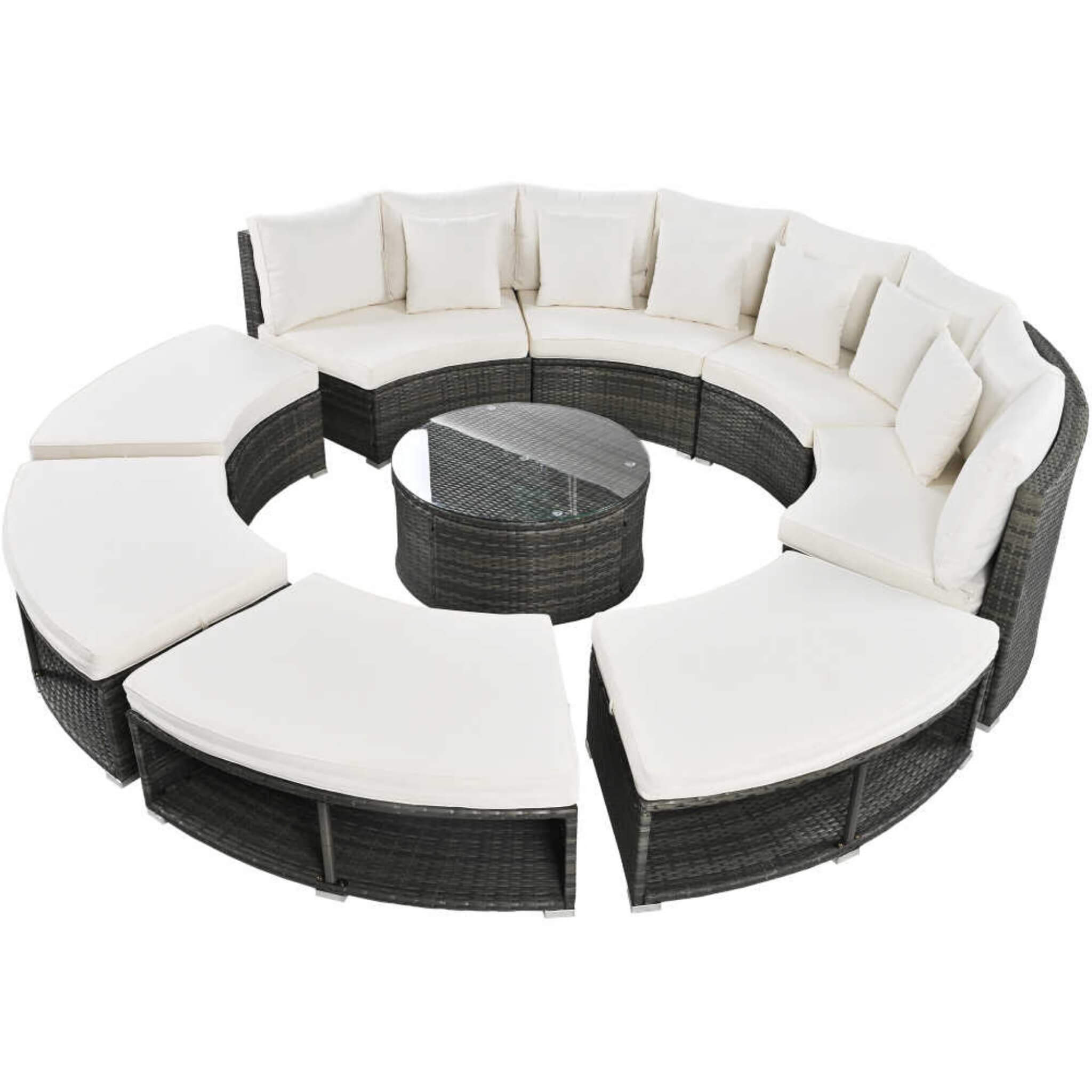 Elegant Beige Circular Rattan Patio Sofa Set With Tempered Glass Coffee Table And 6 Pillows