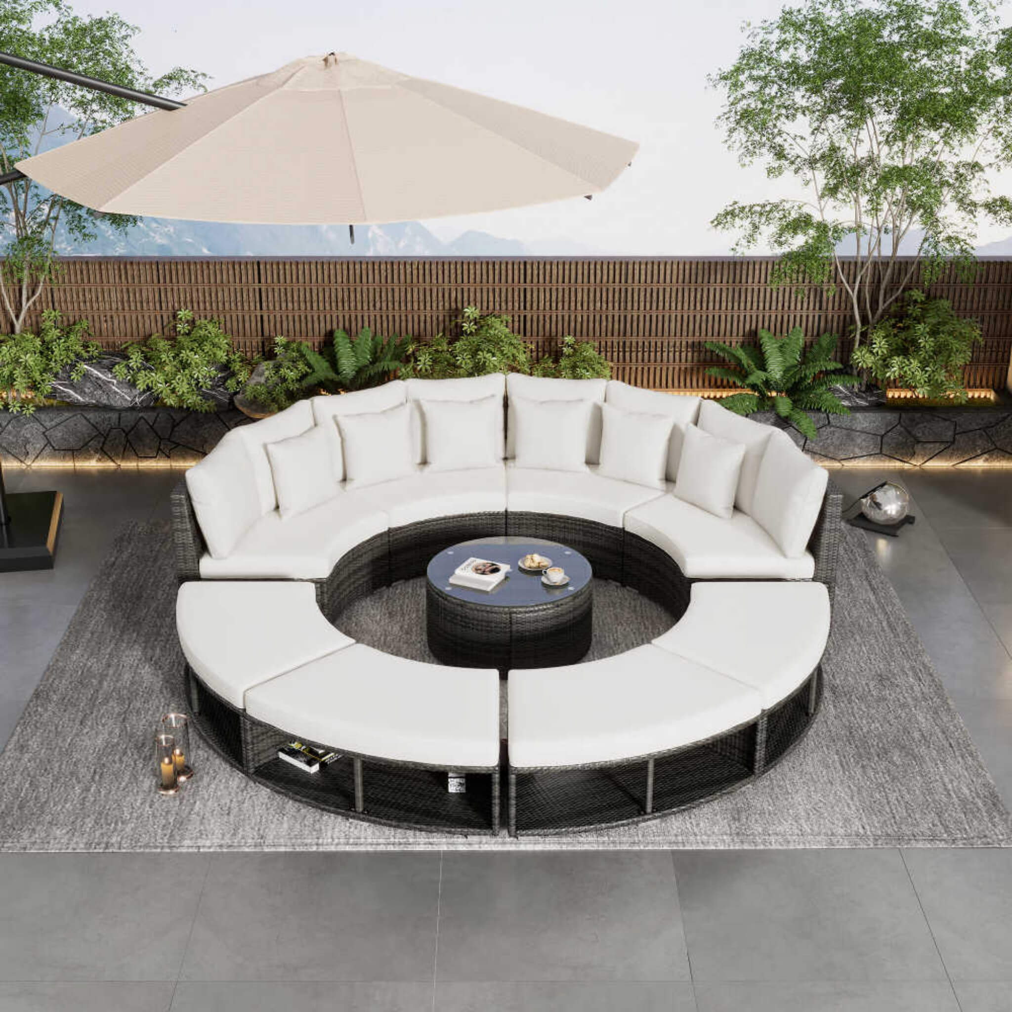 Elegant Beige Circular Rattan Patio Sofa Set With Tempered Glass Coffee Table And 6 Pillows