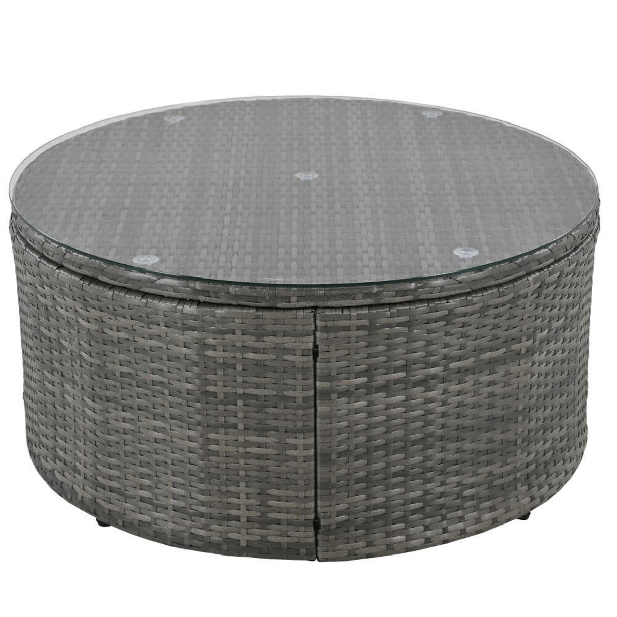 Elegant Beige Circular Rattan Patio Sofa Set With Tempered Glass Coffee Table And 6 Pillows