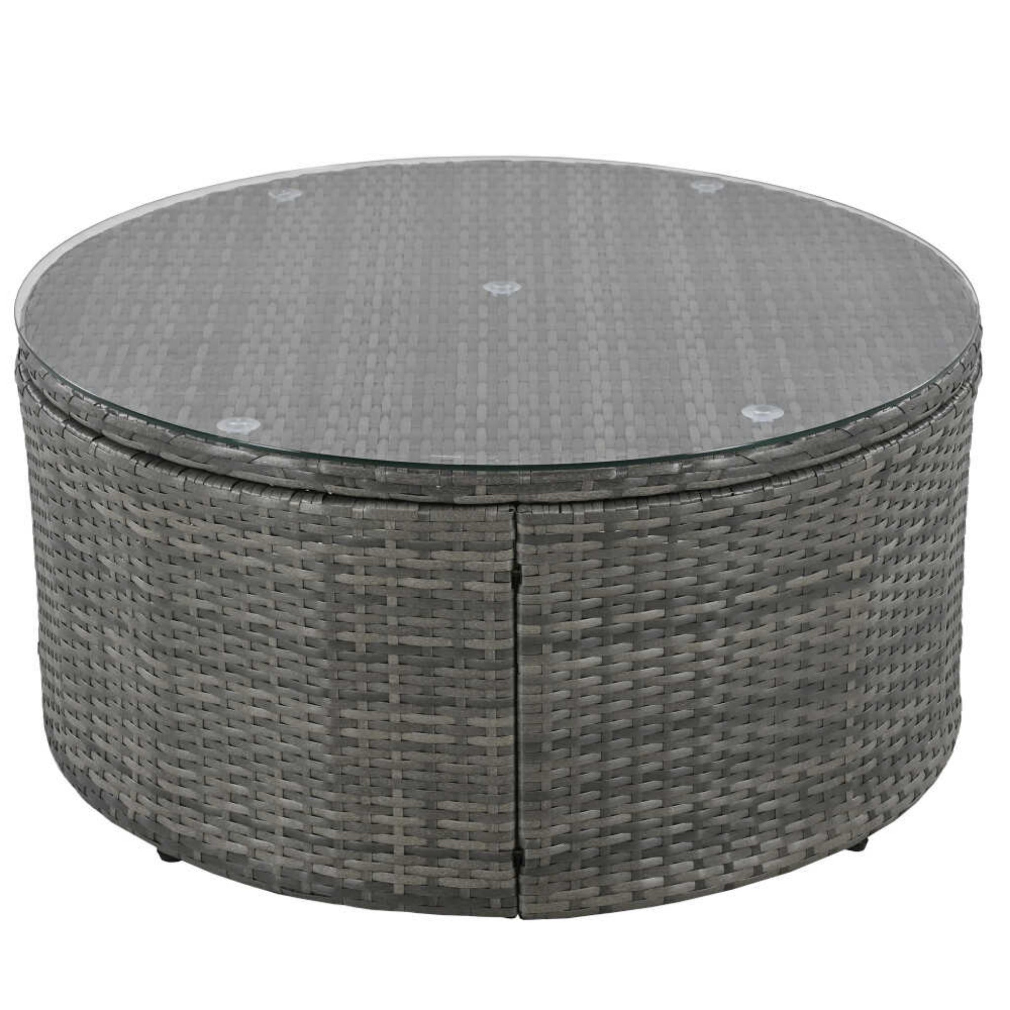 Elegant Beige Circular Rattan Patio Sofa Set With Tempered Glass Coffee Table And 6 Pillows