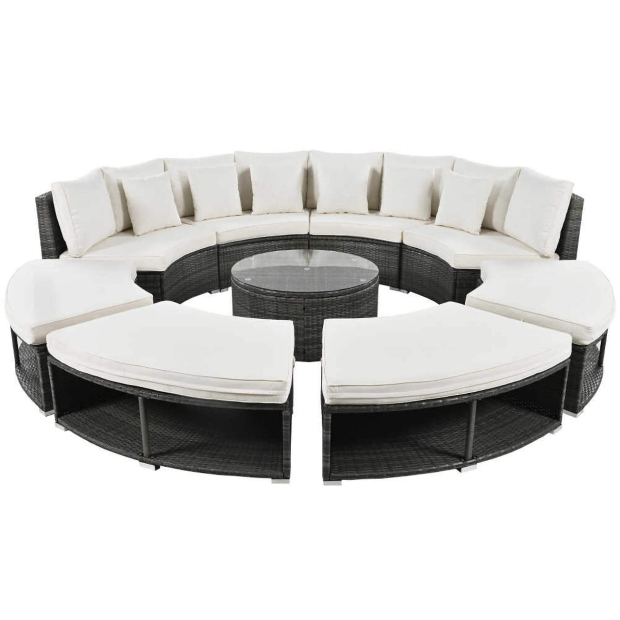 Large Premium Rattan Wicker Circular Patio Sofa Set With Tempered Glass Coffee Table And 6 Pillows
