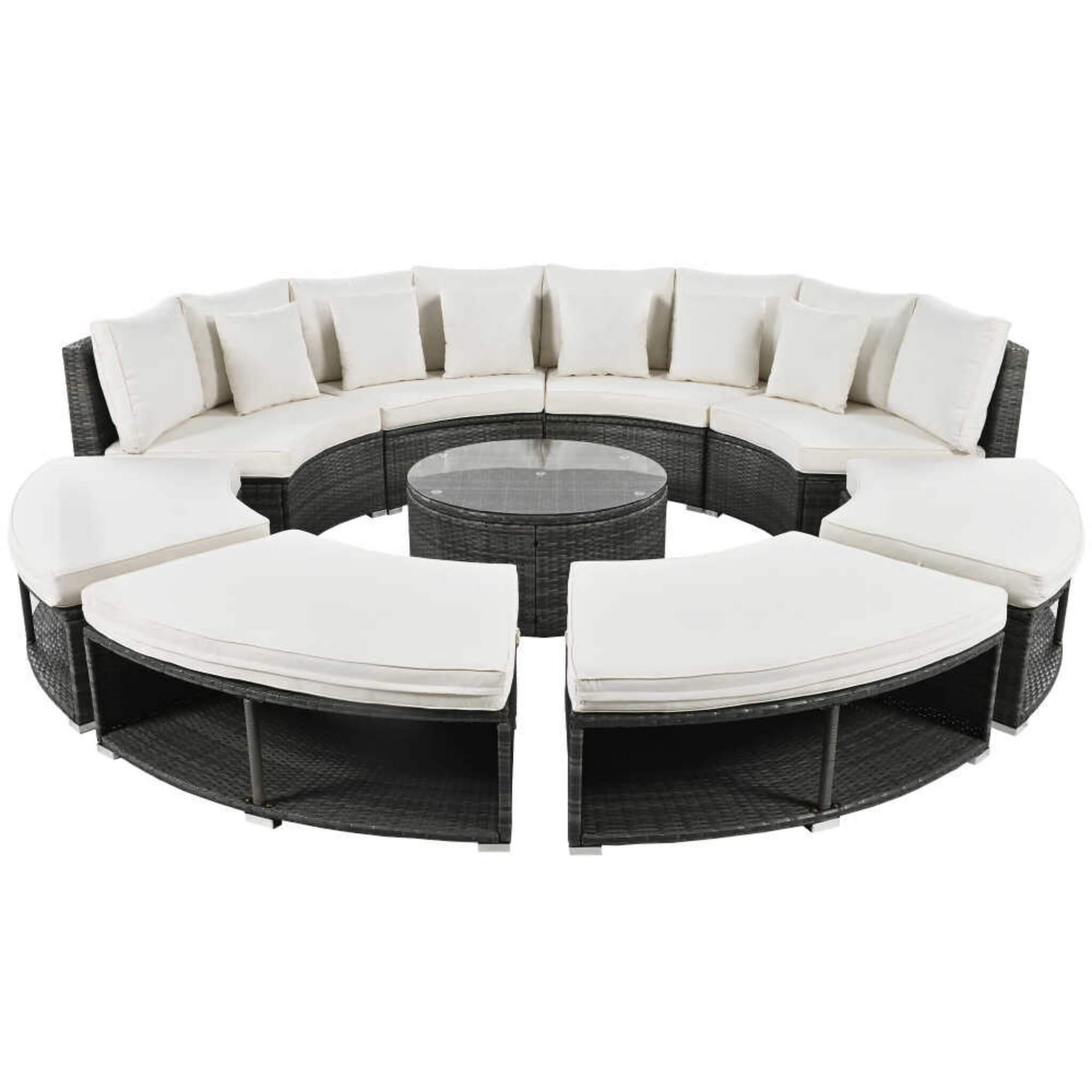Elegant Beige Circular Rattan Patio Sofa Set With Tempered Glass Coffee Table And 6 Pillows