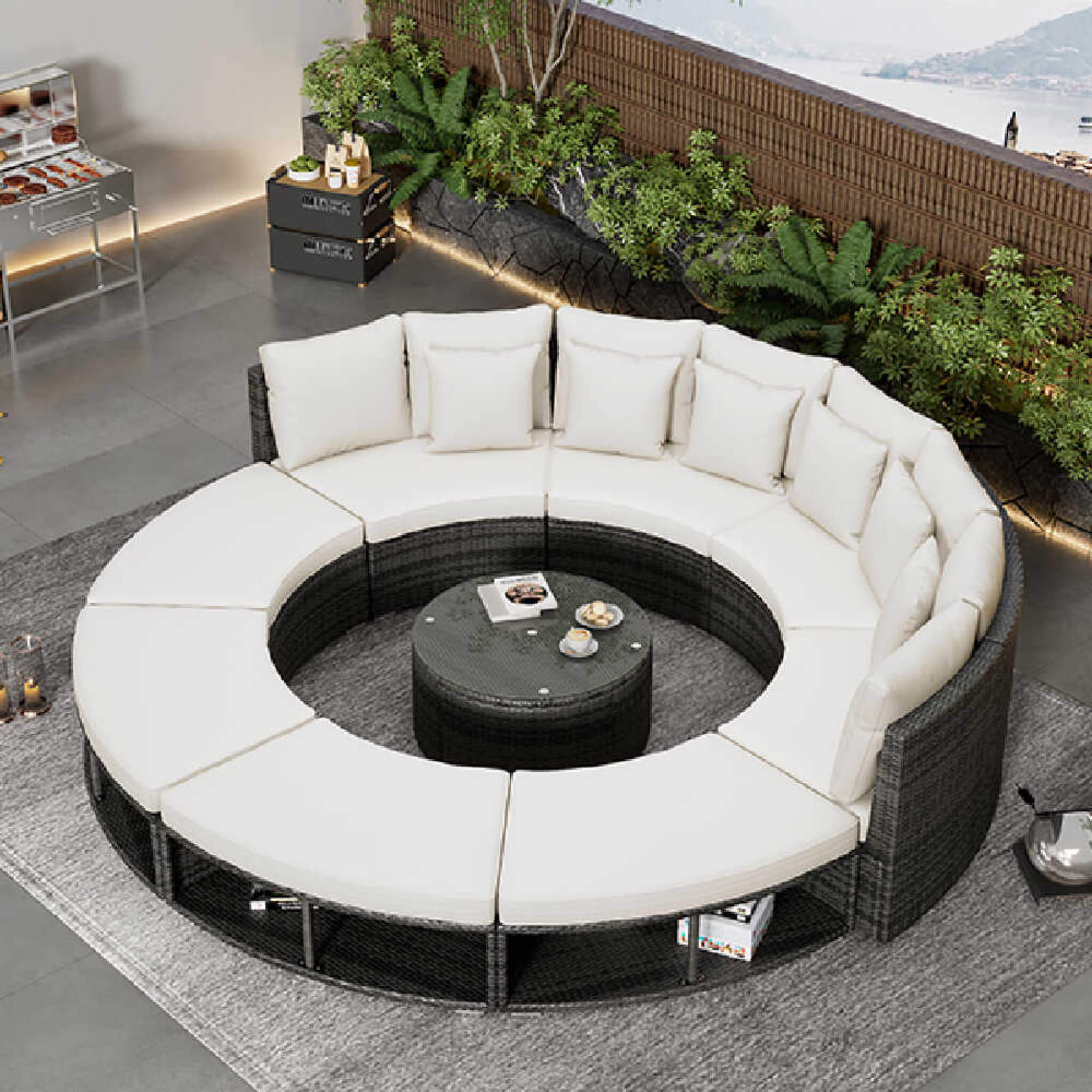 Elegant Beige Circular Rattan Patio Sofa Set With Tempered Glass Coffee Table And 6 Pillows