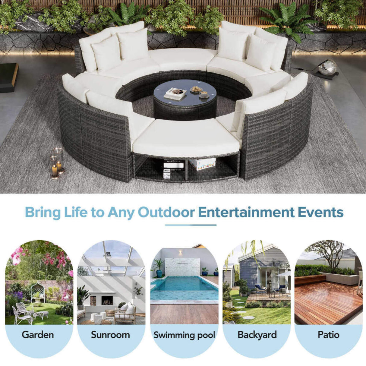 Elegant Beige Circular Rattan Patio Sofa Set With Tempered Glass Coffee Table And 6 Pillows