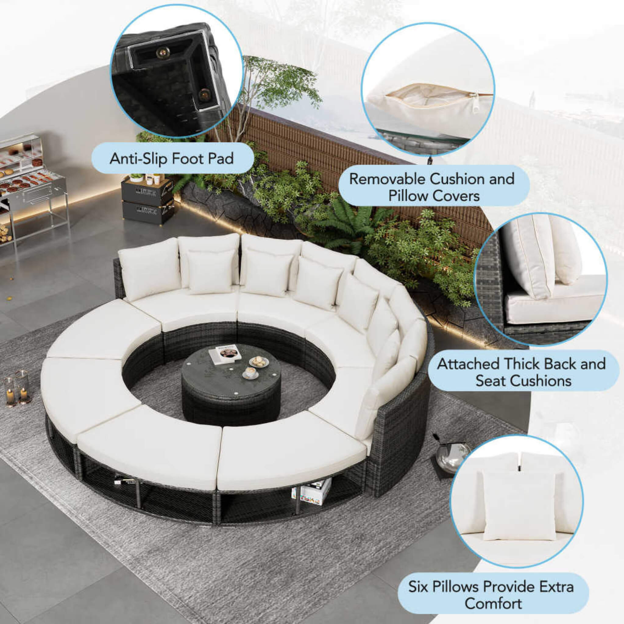 Elegant Beige Circular Rattan Patio Sofa Set With Tempered Glass Coffee Table And 6 Pillows