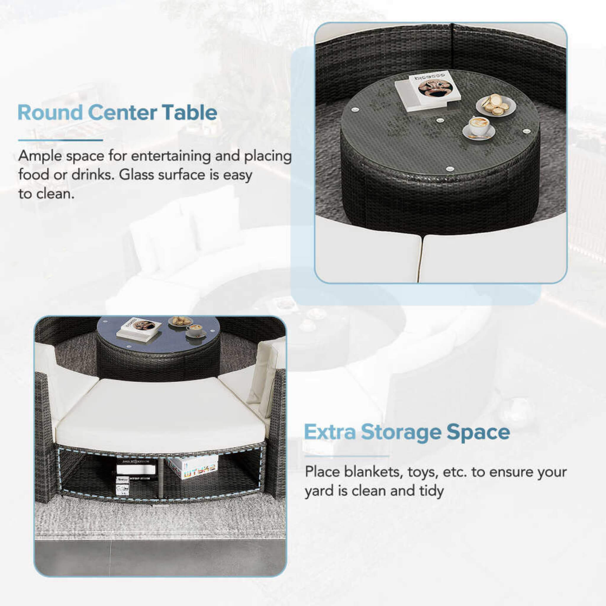 Elegant Beige Circular Rattan Patio Sofa Set With Tempered Glass Coffee Table And 6 Pillows