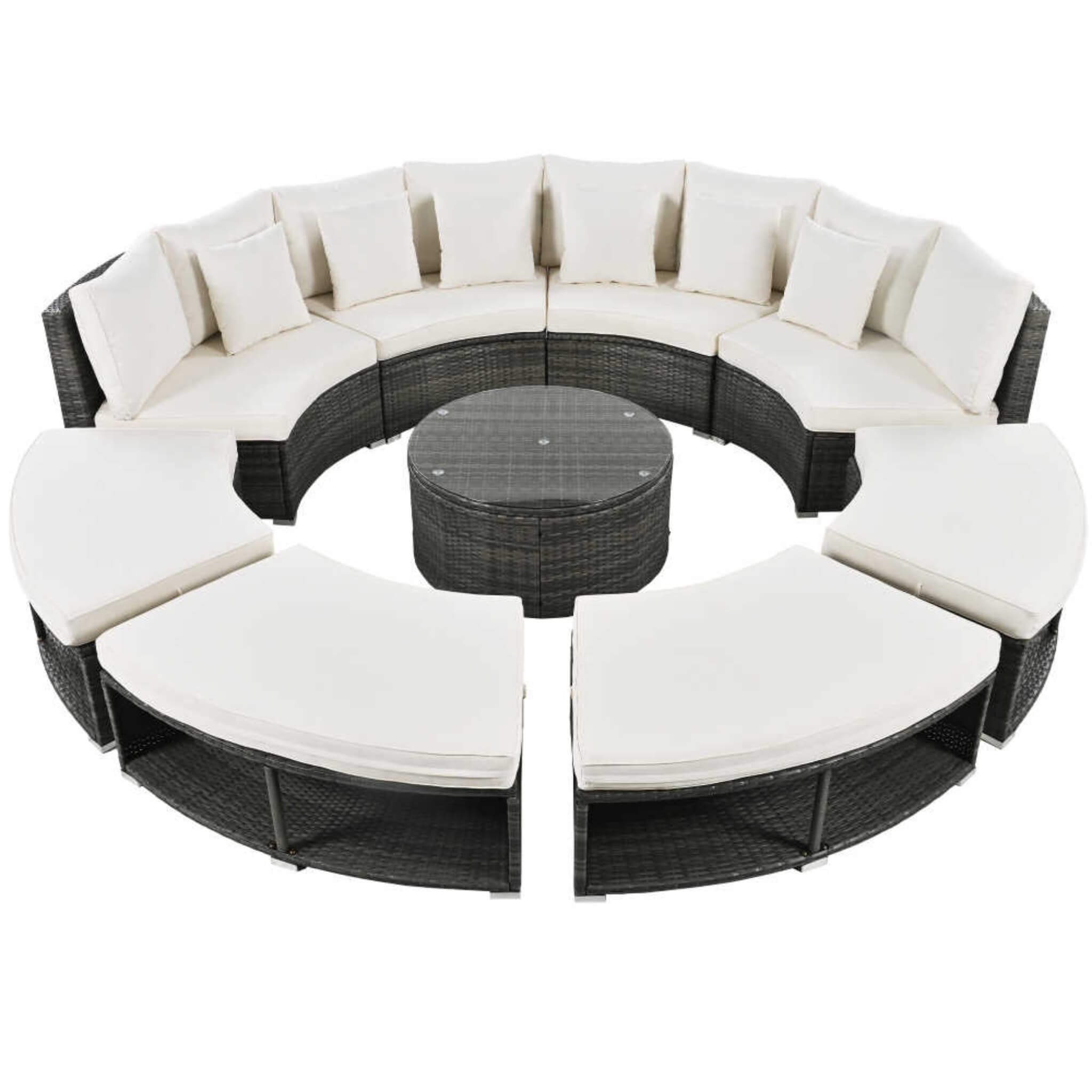 Elegant Beige Circular Rattan Patio Sofa Set With Tempered Glass Coffee Table And 6 Pillows