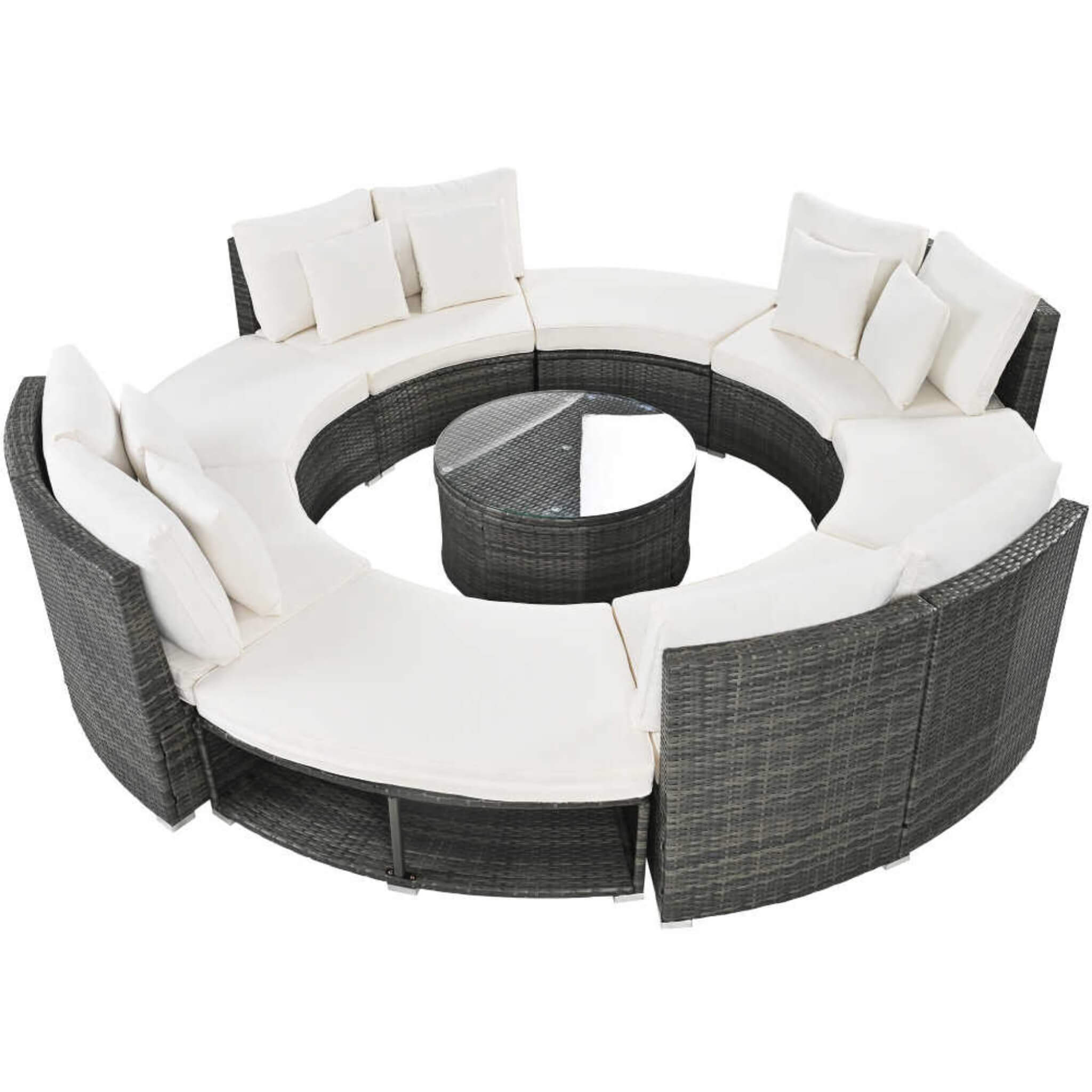 Elegant Beige Circular Rattan Patio Sofa Set With Tempered Glass Coffee Table And 6 Pillows
