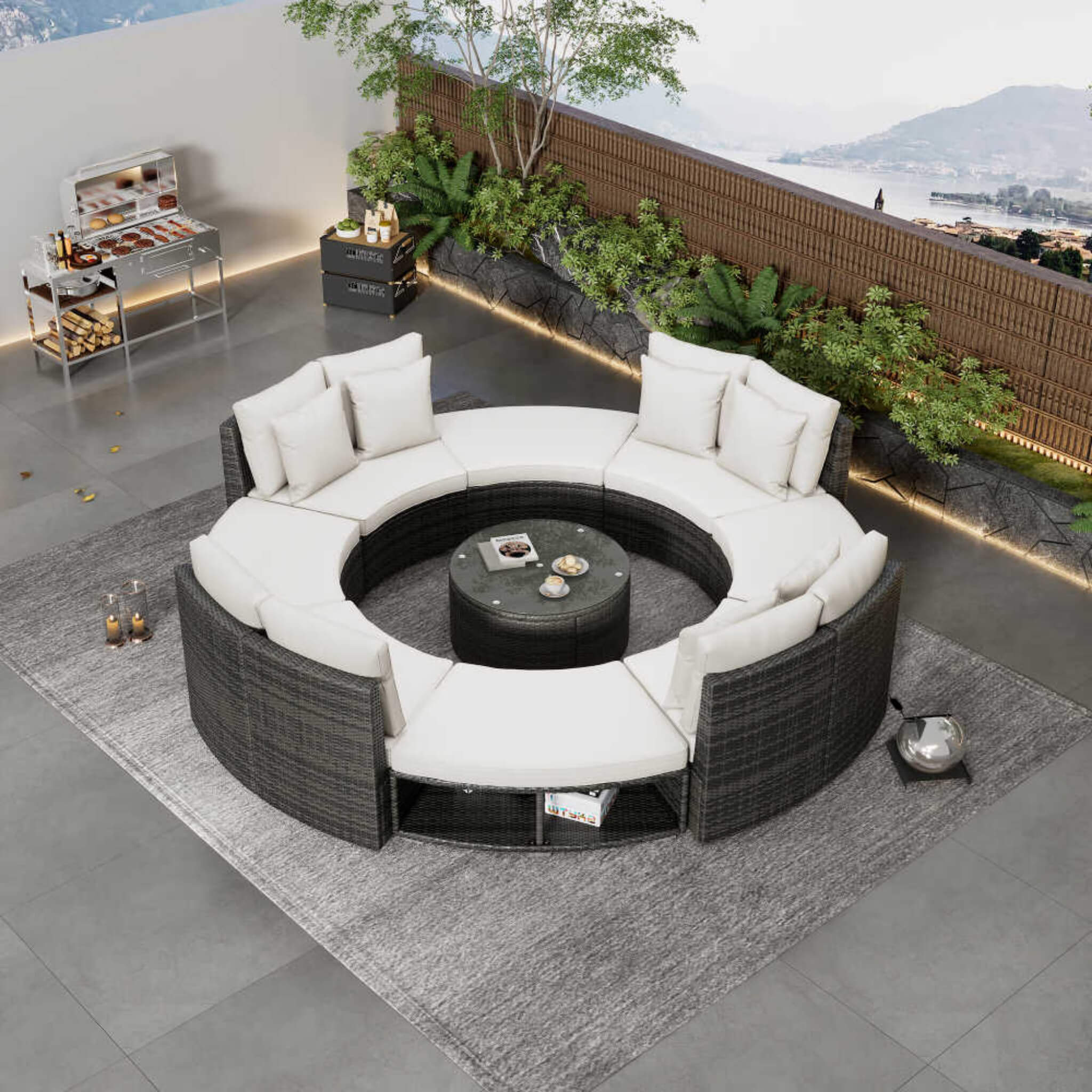 Elegant Beige Circular Rattan Patio Sofa Set With Tempered Glass Coffee Table And 6 Pillows