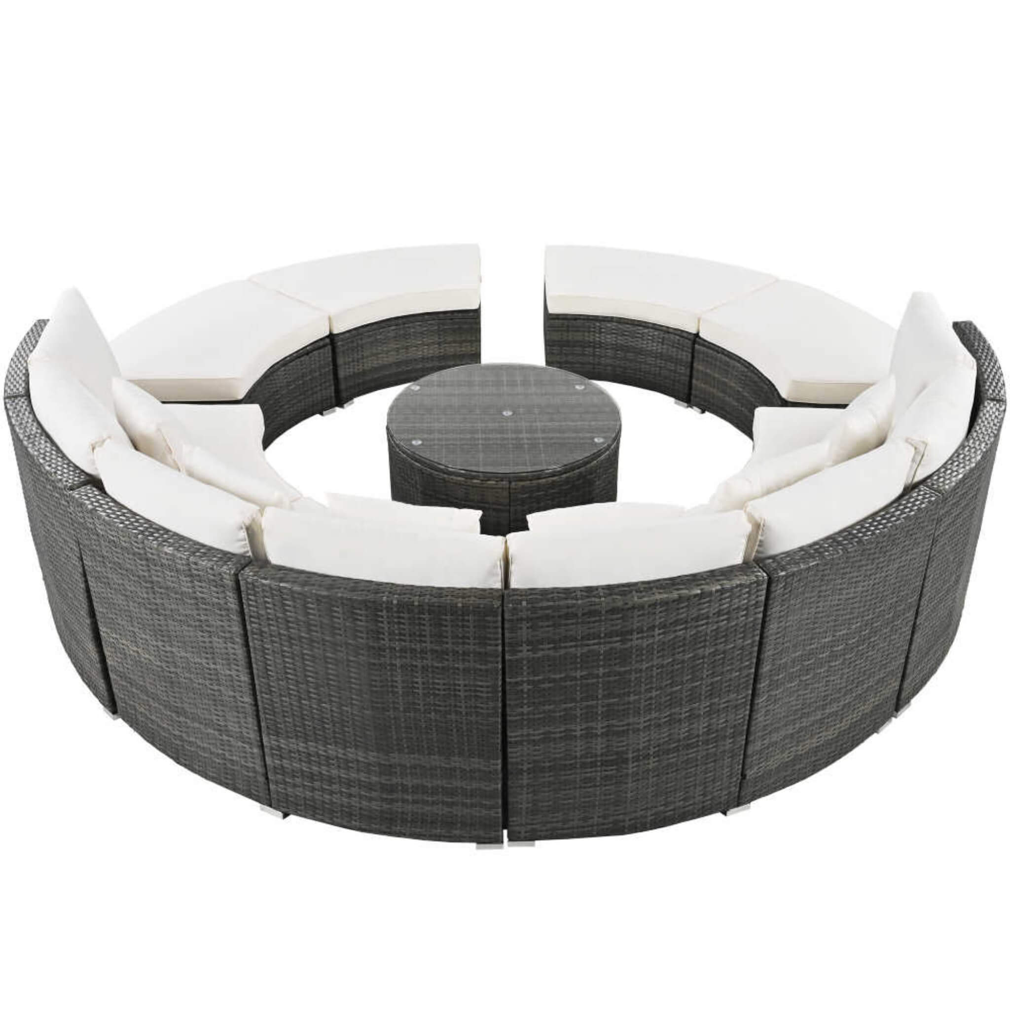 Elegant Beige Circular Rattan Patio Sofa Set With Tempered Glass Coffee Table And 6 Pillows