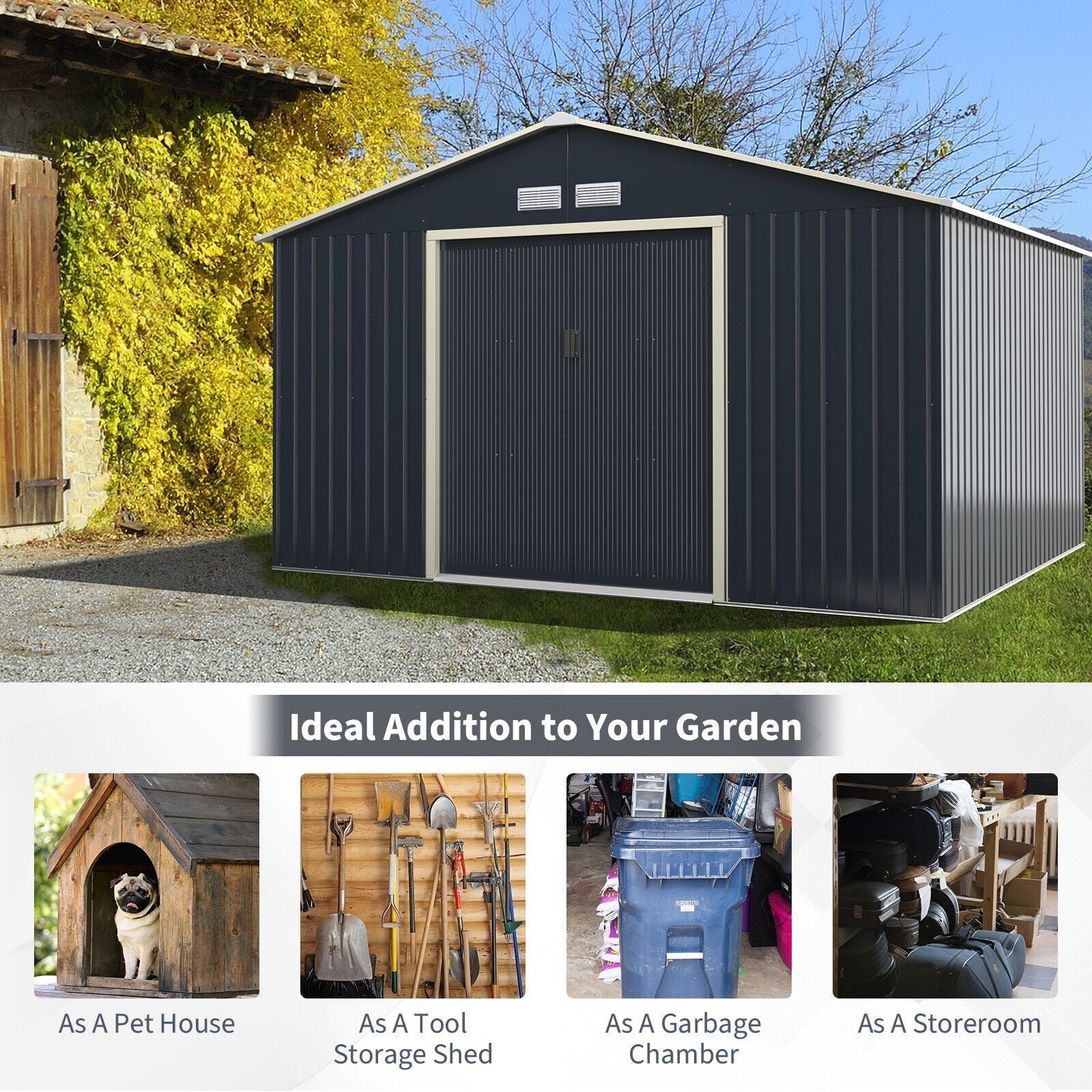 Heavy Duty Outdoor Metal Garden Tool Shed W/ Lockable Sliding Doors, 11' x 10' (95081295)