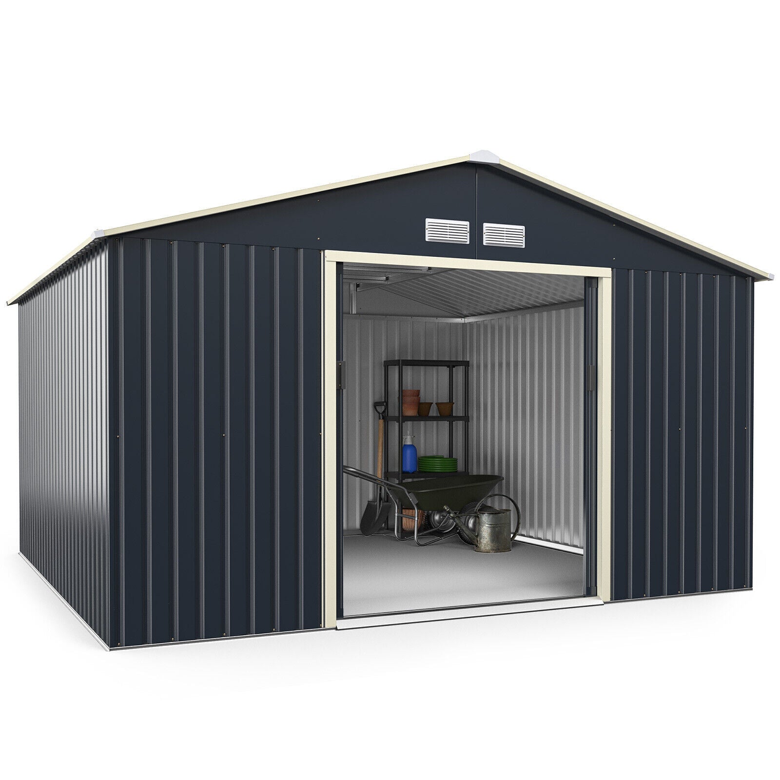 Heavy Duty Outdoor Metal Garden Tool Shed W/ Lockable Sliding Doors, 11' x 10' (95081295)