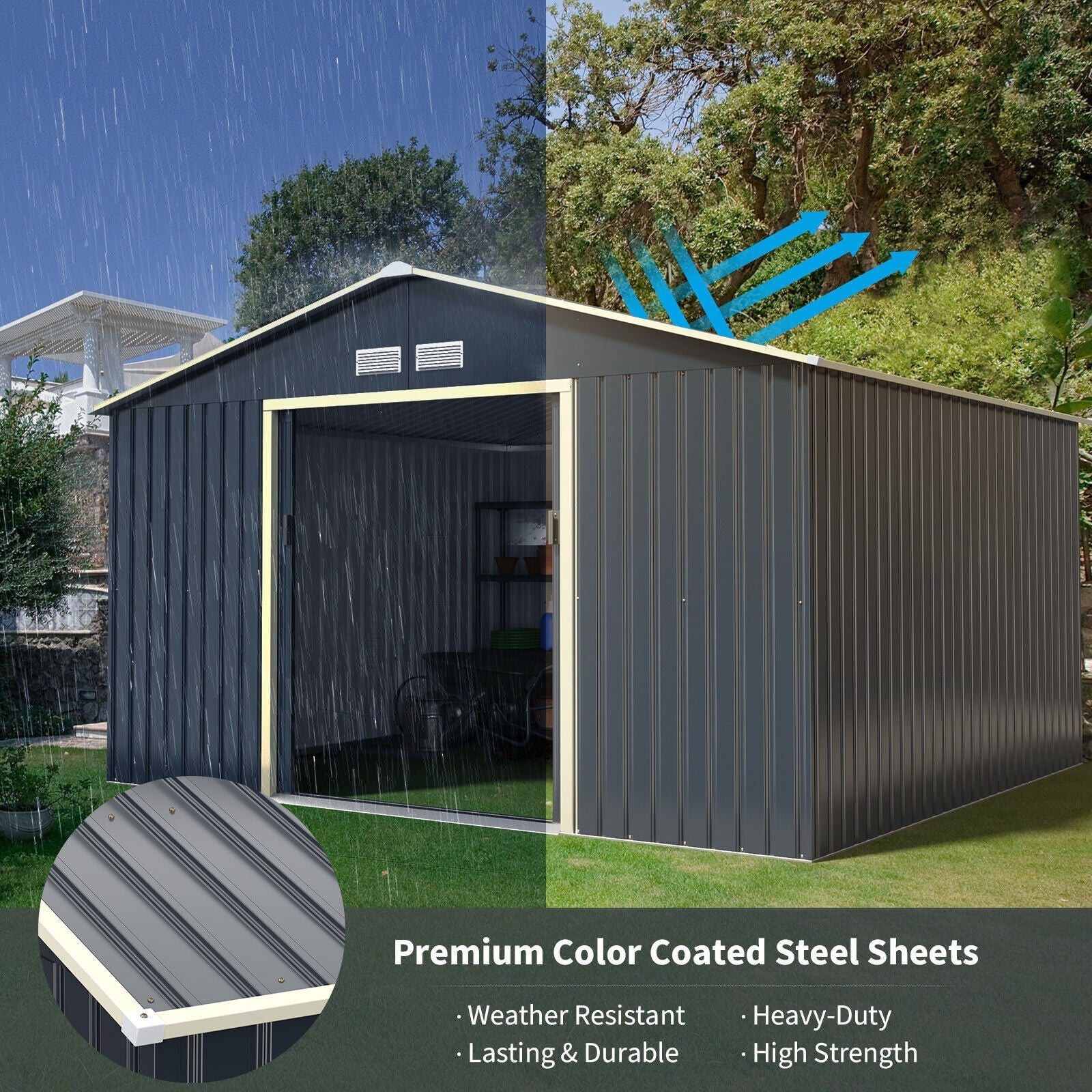 Heavy Duty Outdoor Metal Garden Tool Shed W/ Lockable Sliding Doors, 11' x 10' (95081295)
