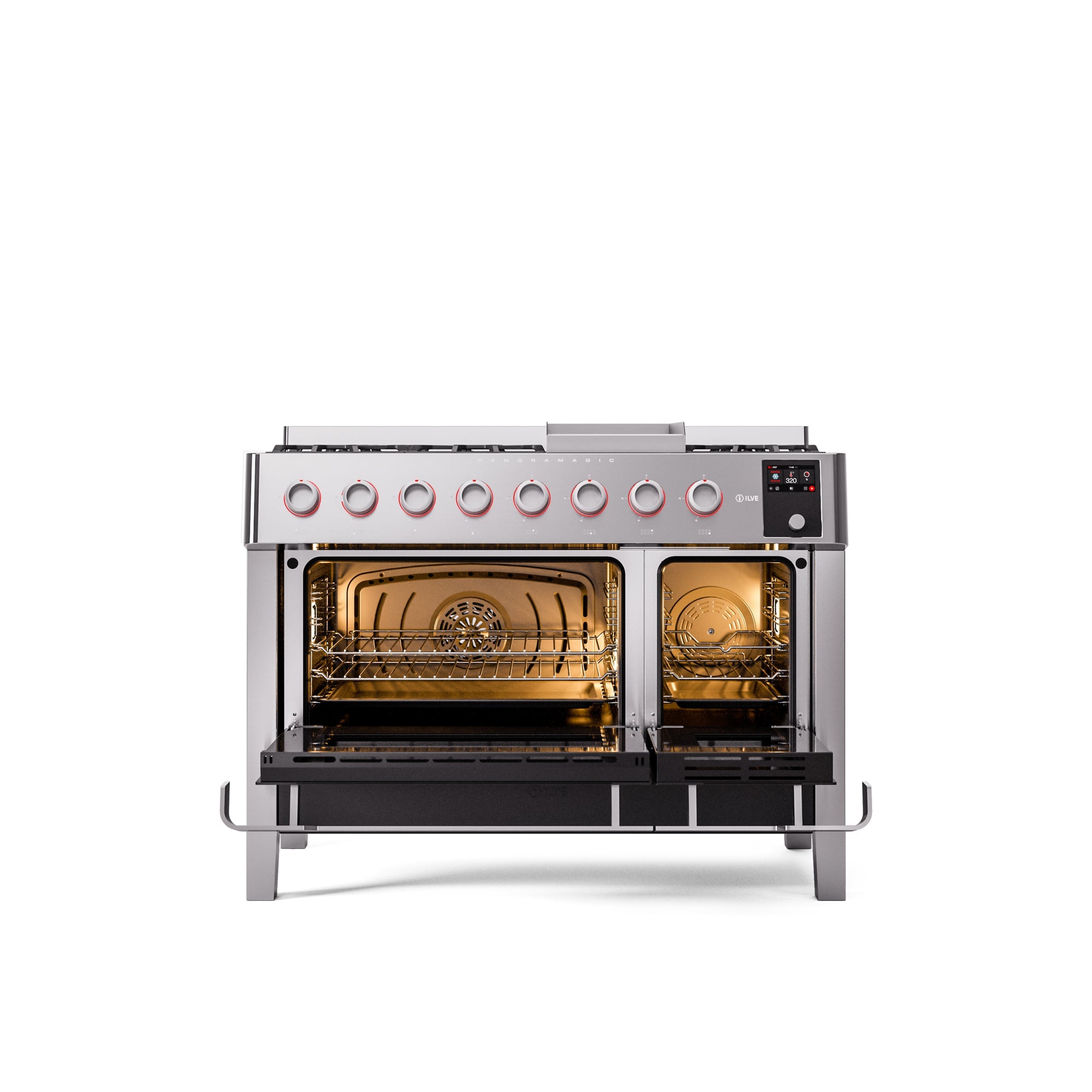 ILVE 48" Panoramagic Series Freestanding Double Oven Dual Fuel Range with 8 Sealed Burners and Griddle UPM12FDS3