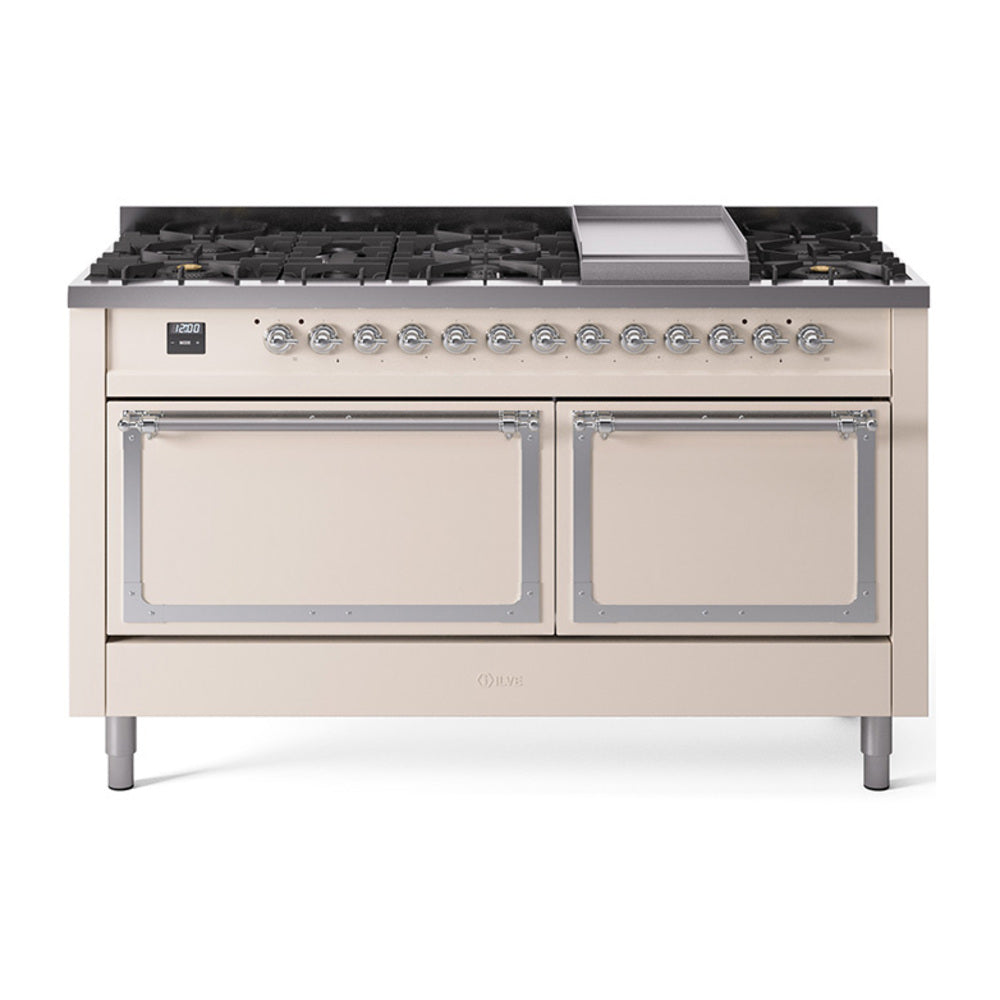 ILVE Nostalgie II Noblesse 60" Dual Fuel Freestanding Range 9 Sealed Burners + Griddle with Solid Door UN60FQNMP