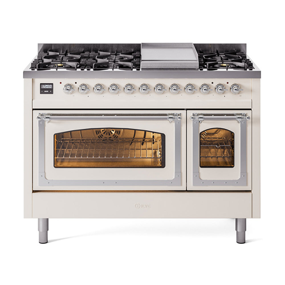 ILVE Nostalgie II Noblesse 48" Dual Fuel Freestanding Range 8 Sealed Burners + Griddle with Triple Glass Door UN48FNMP