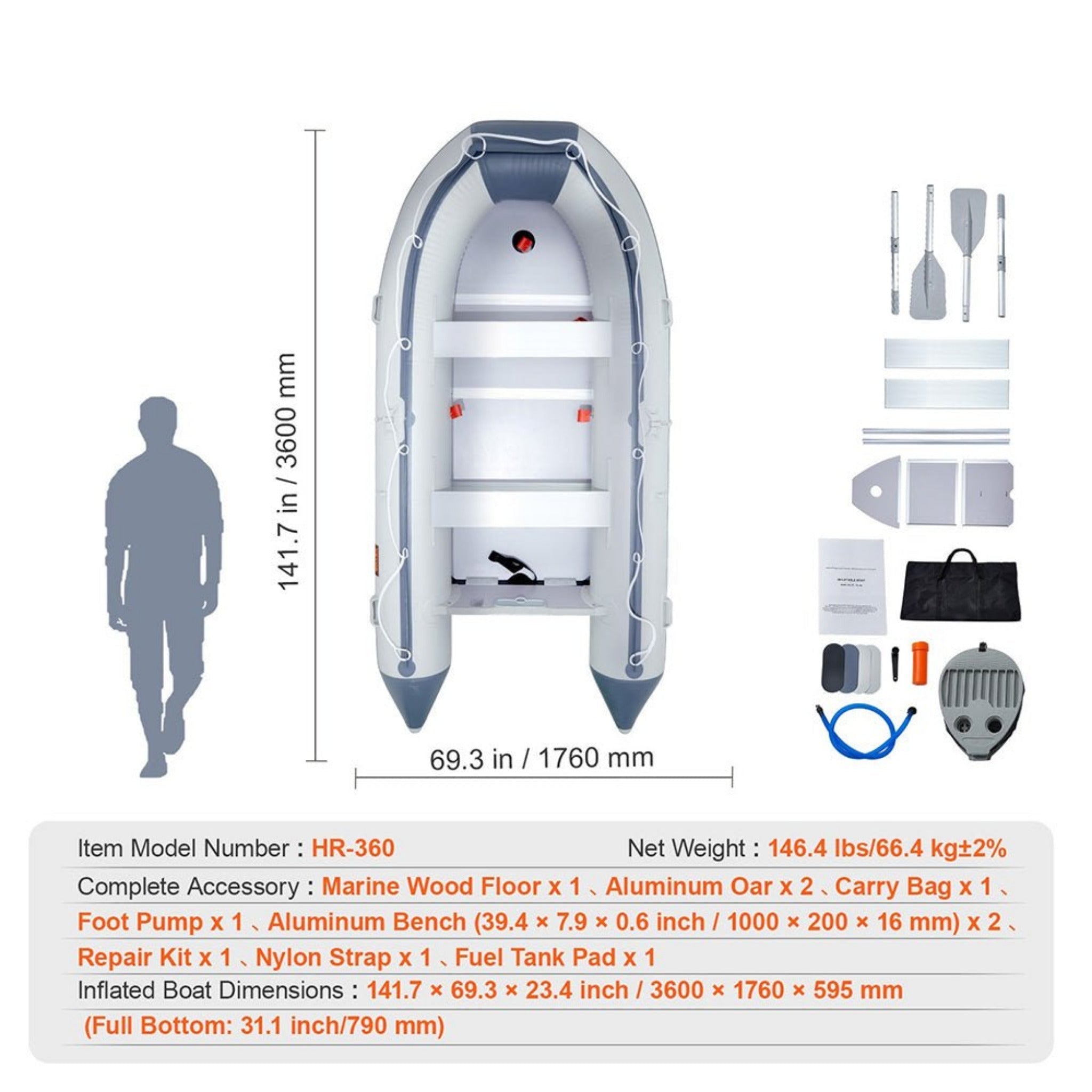 Inflatable 6-Person Emergency Dinghy Fishing Boat With Wood Floor And Aluminum Benches, 12FT