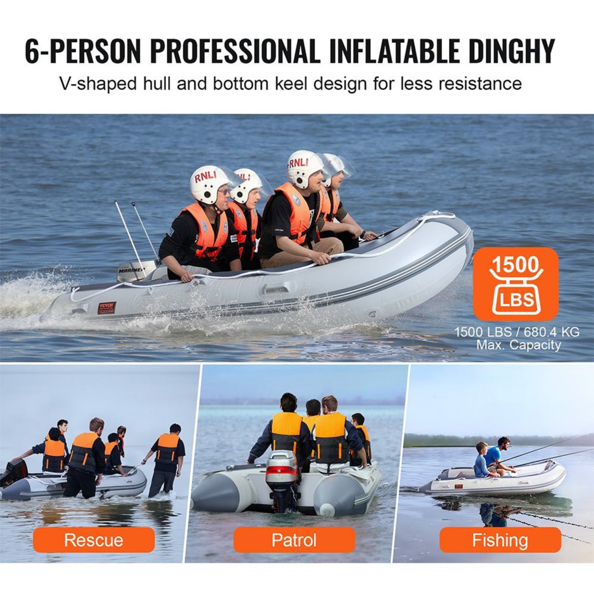 Inflatable 6-Person Emergency Dinghy Fishing Boat With Wood Floor And Aluminum Benches, 12FT