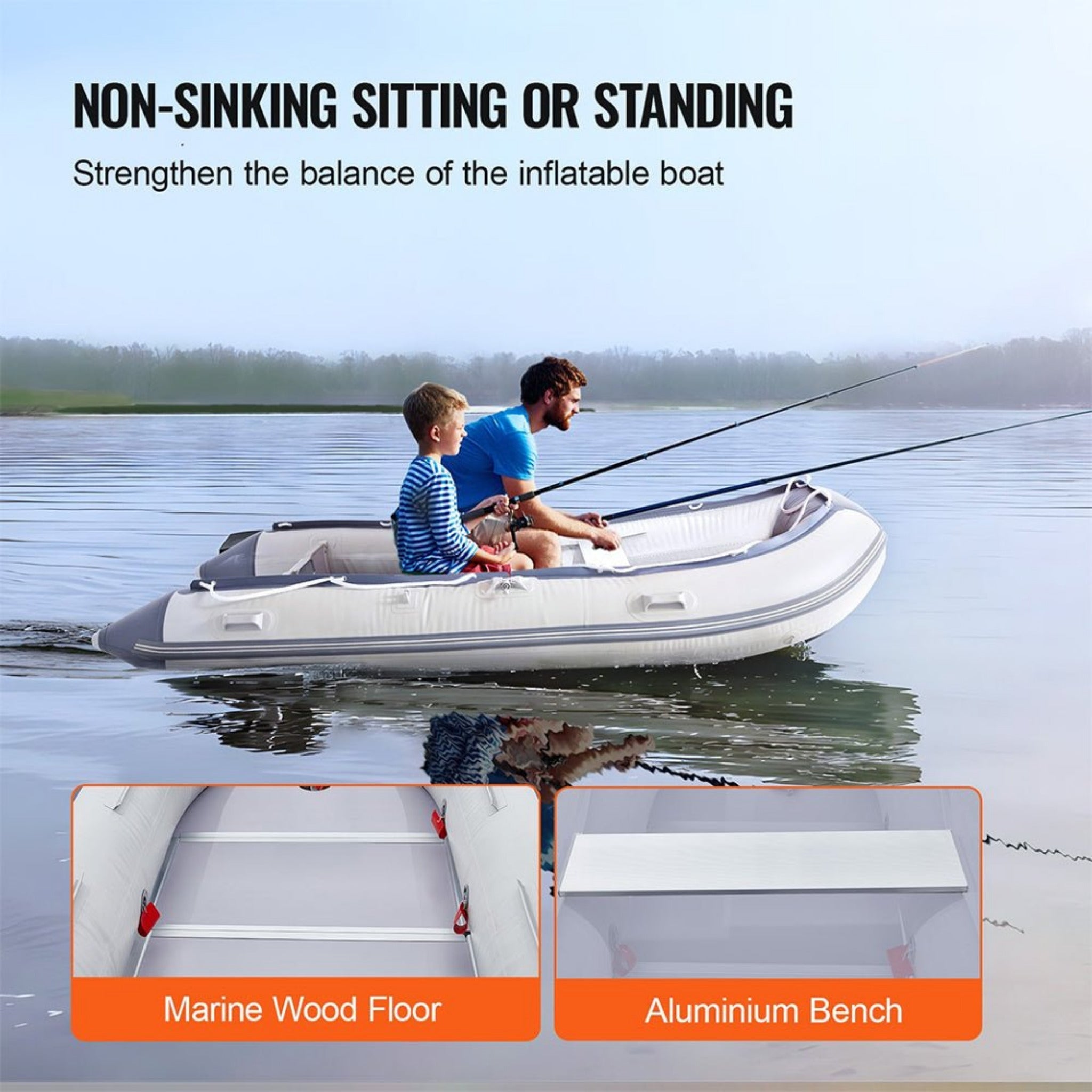 Inflatable 6-Person Emergency Dinghy Fishing Boat With Wood Floor And Aluminum Benches, 12FT