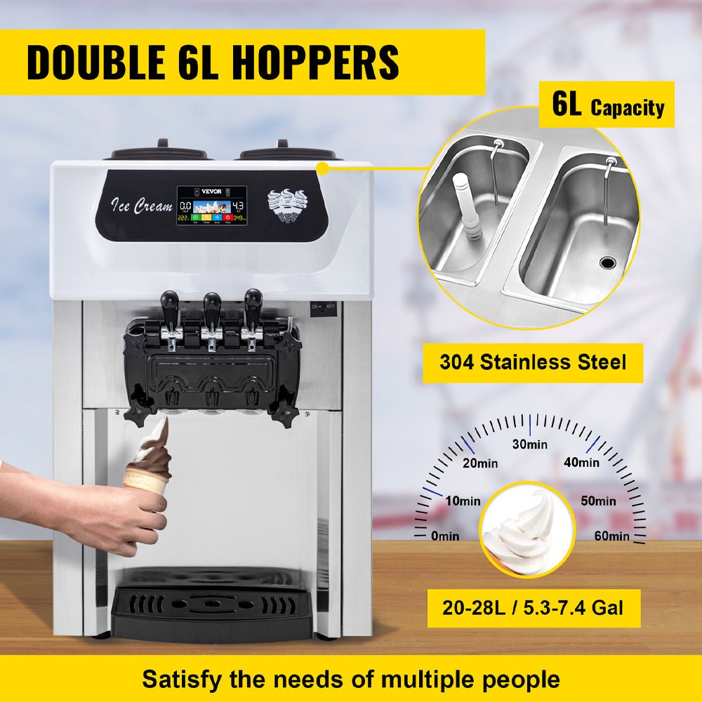 Large Double Hopper Commercial Soft Serve Ice Cream Maker Machine W/ 3 Flavors, 18-28 L/H (98371425)