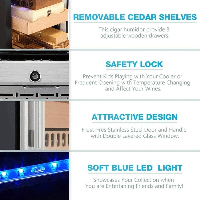 Large Intelligent Built-In Glass Door Electric Cigar Cooler Humidor Cabinet, 34"