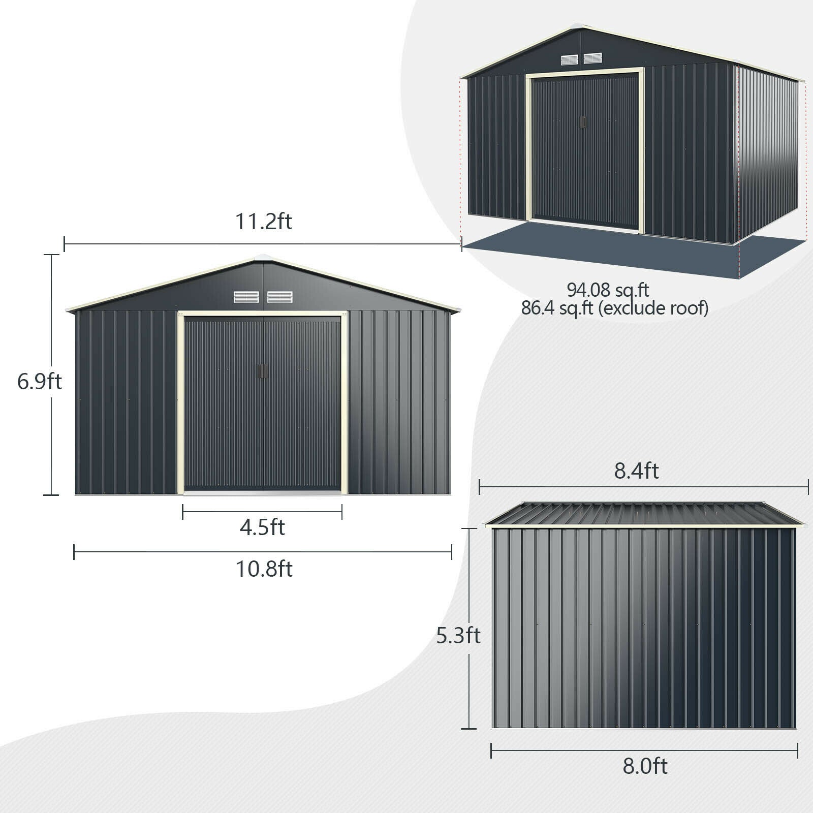 Large Outdoor Metal Storage Backyard Shed W/ Lockable Sliding Doors, 11' x 8' (93064172)