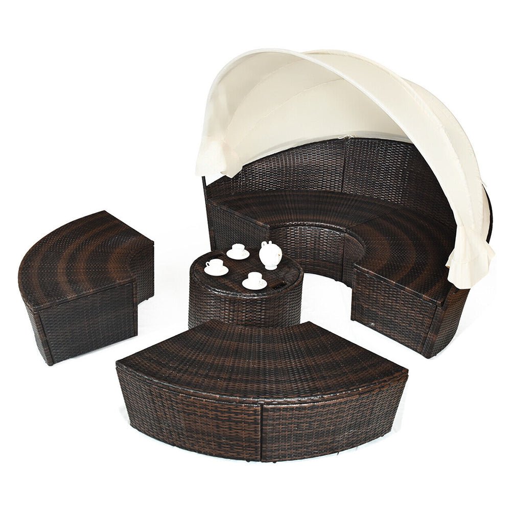 Large Outdoor Patio Rattan Daybed Sofa W/ Adjustable Table Top, Canopy & 3 Pillows, 76" (91254763)