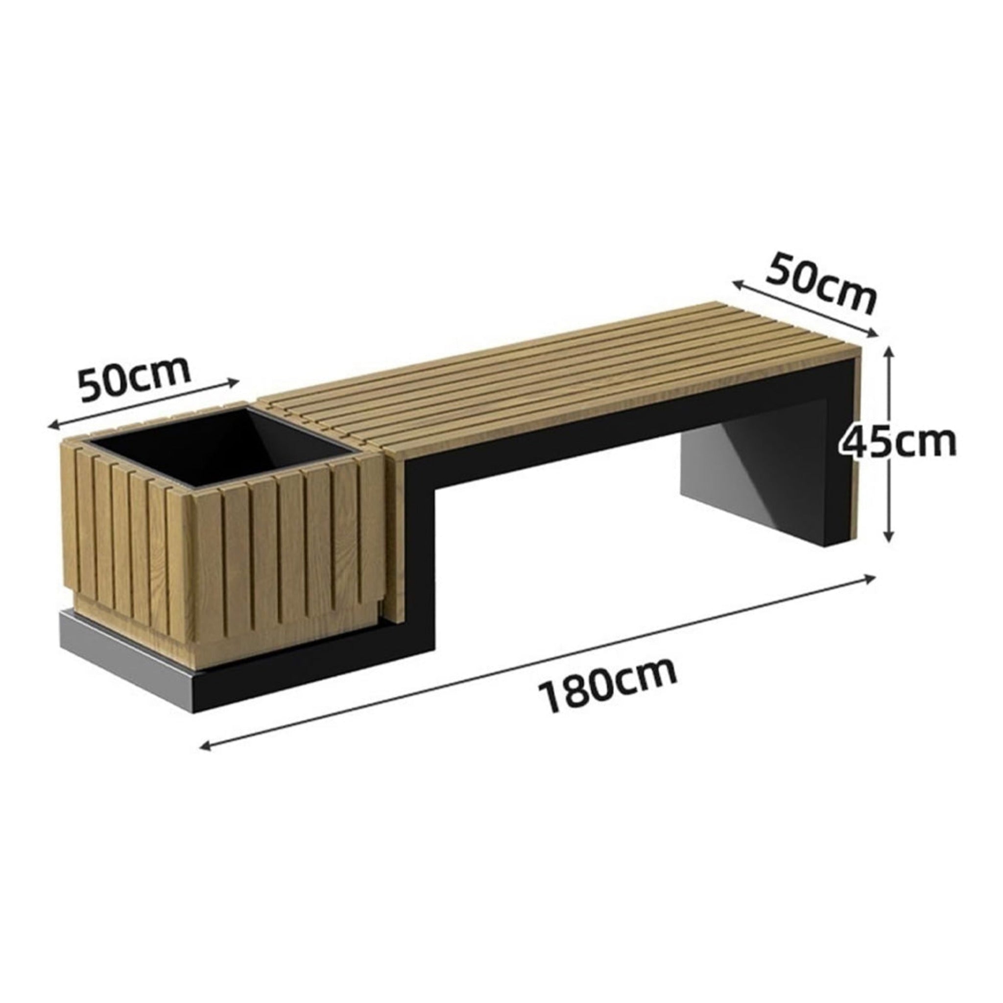Large Luxury Outdoor Commercial Preserved Wood Planter With Bench And Steel Frame