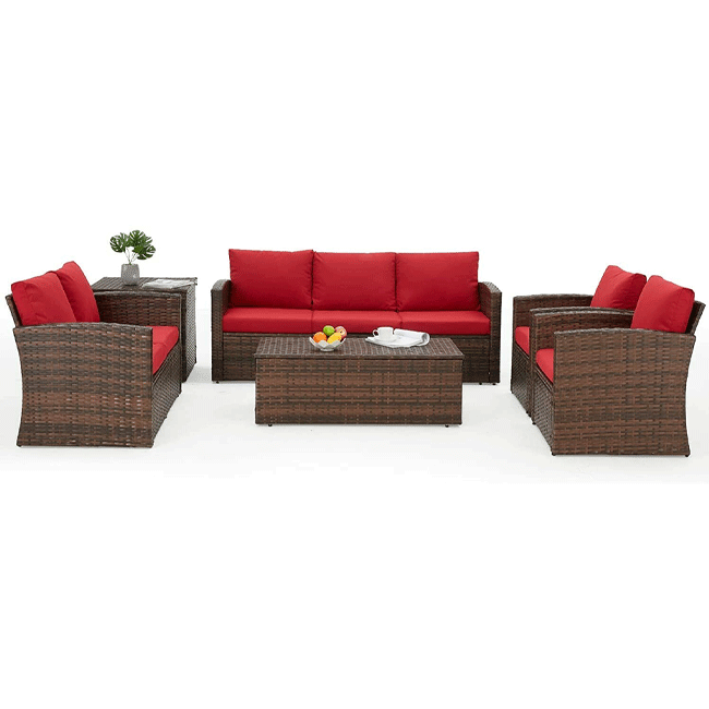 Patio Rattan Wicker Furniture Set With Storage Boxes & Conversation Set, 7PCS