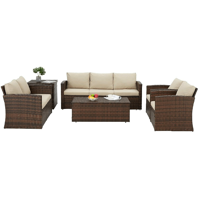 Patio Rattan Wicker Furniture Set With Storage Boxes & Conversation Set, 7PCS