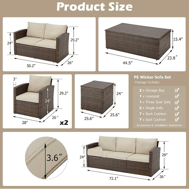 Patio Rattan Wicker Furniture Set With Storage Boxes & Conversation Set, 7PCS