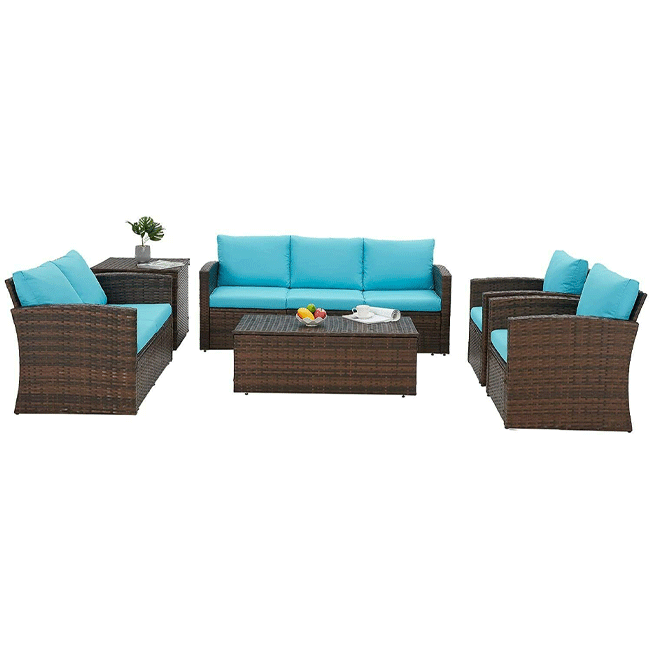 Patio Rattan Wicker Furniture Set With Storage Boxes & Conversation Set, 7PCS