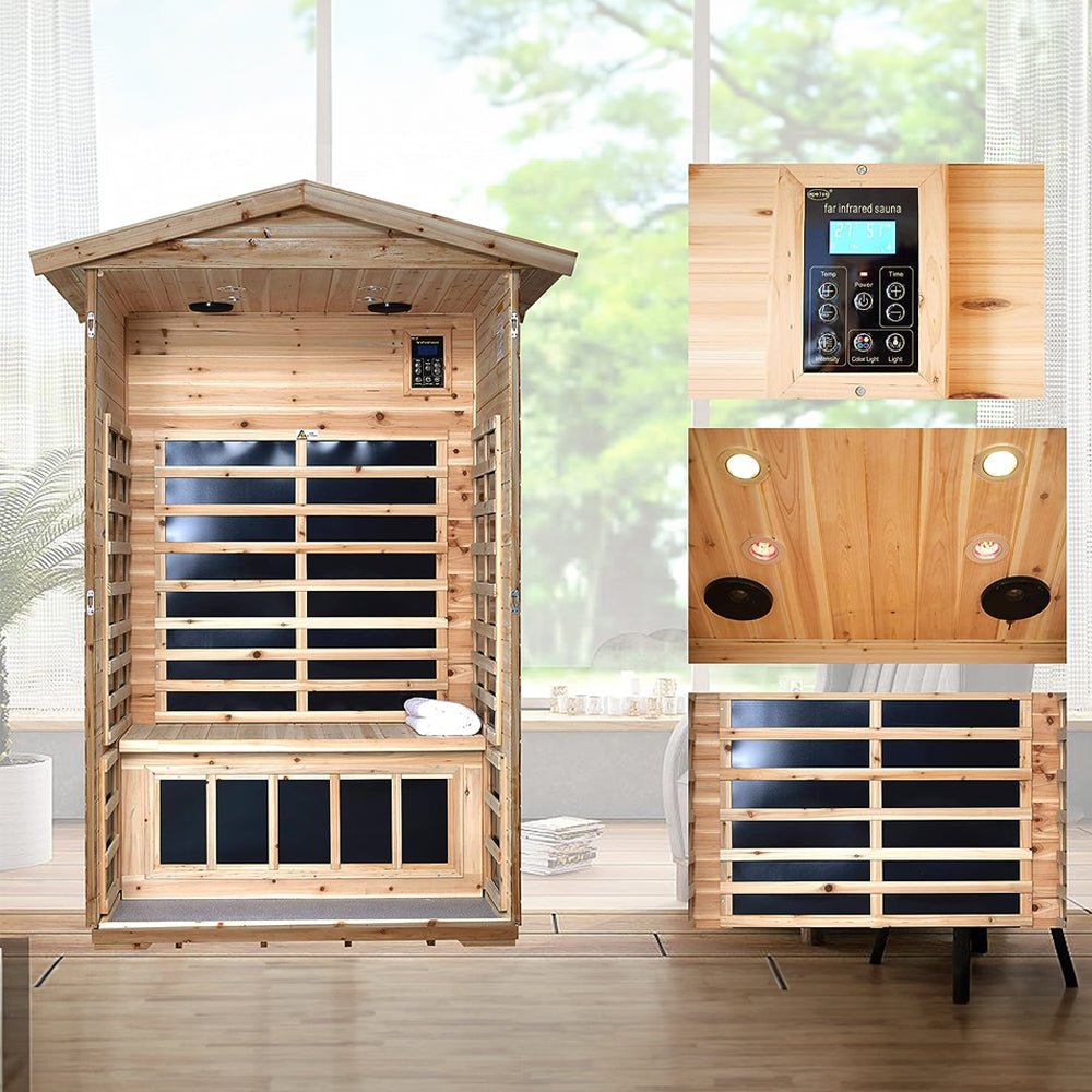 Premium 2-Person Indoor Outdoor Low EMF FAR-Infrared Hemlock Wood Personal Home Sauna Spa, 1750W (93728461)