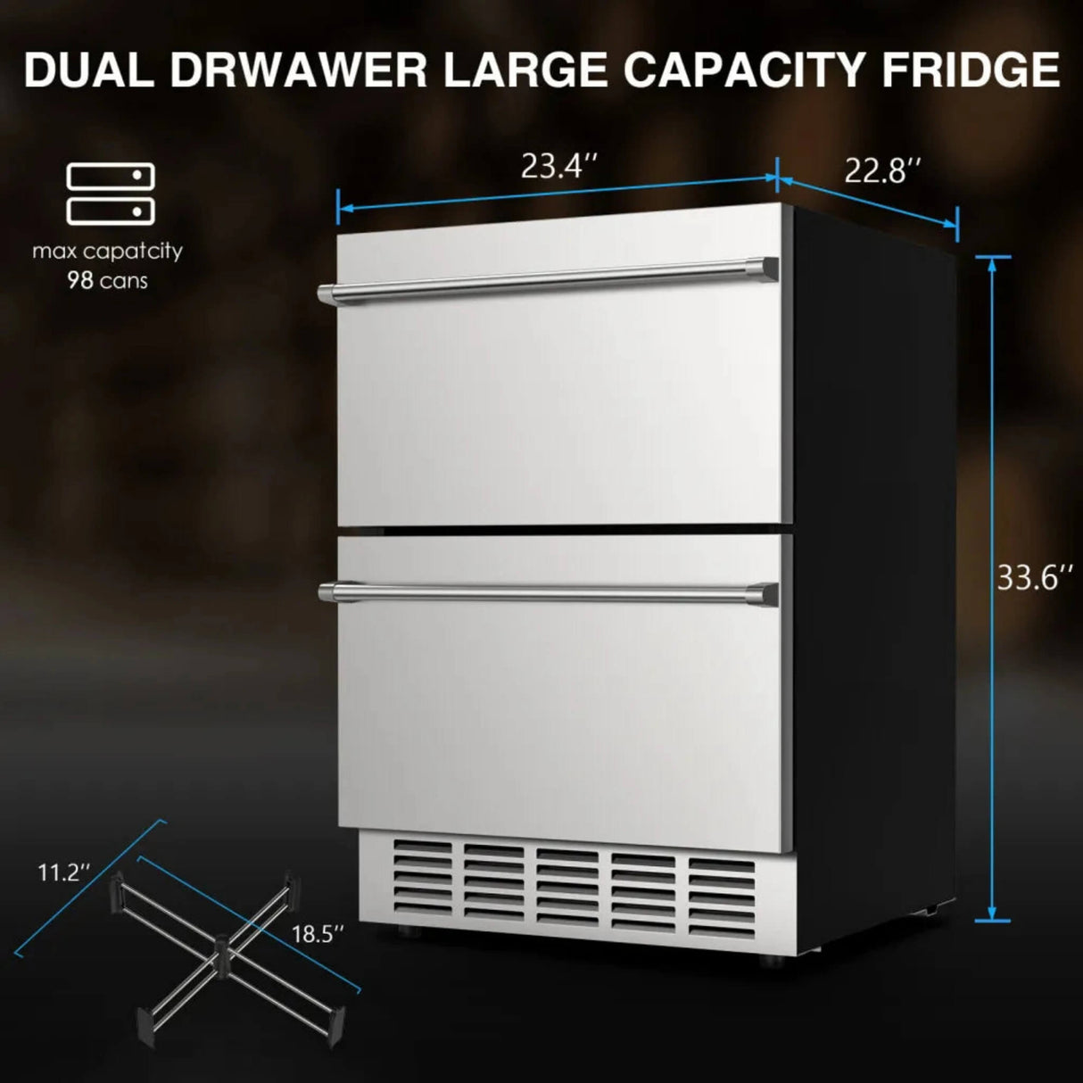 Premium Double Drawer Stainless Steel Built-In Wine Beverage Undercounter Refrigerator, 5.3 Cu.Ft.