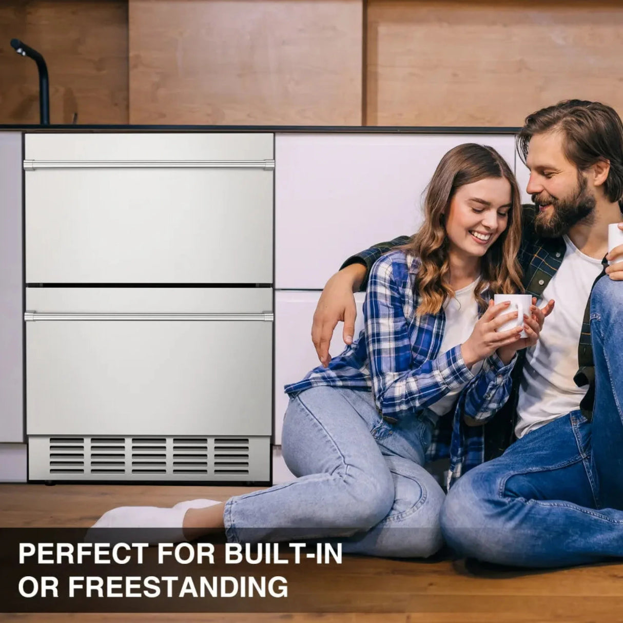Premium Double Drawer Stainless Steel Built-In Wine Beverage Undercounter Refrigerator, 5.3 Cu.Ft.