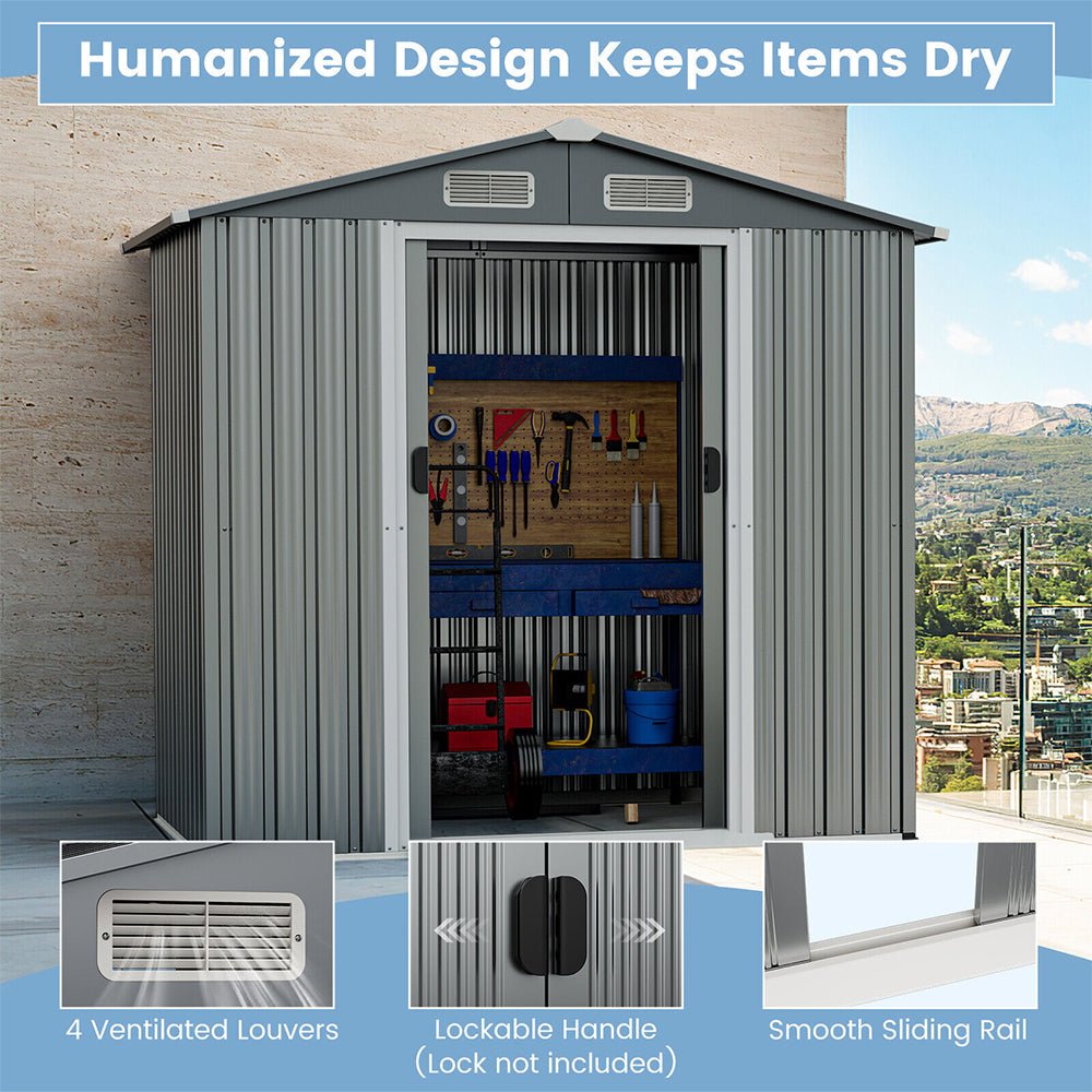 Premium Garden Galvanized Steel Storage Shed W/ Lockable Sliding Doors, 6x4' (93175842)
