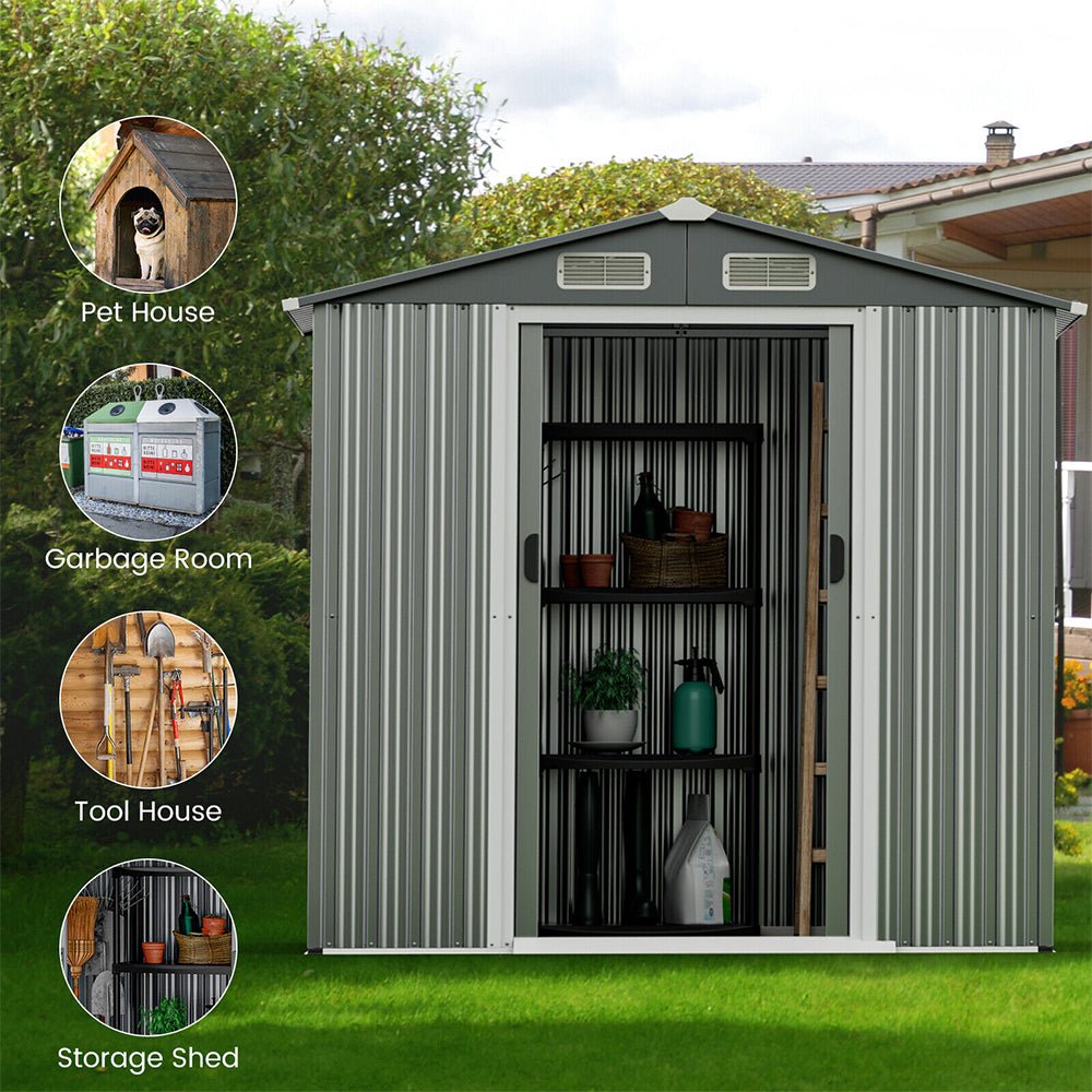 Premium Garden Galvanized Steel Storage Shed W/ Lockable Sliding Doors, 6x4' (93175842)
