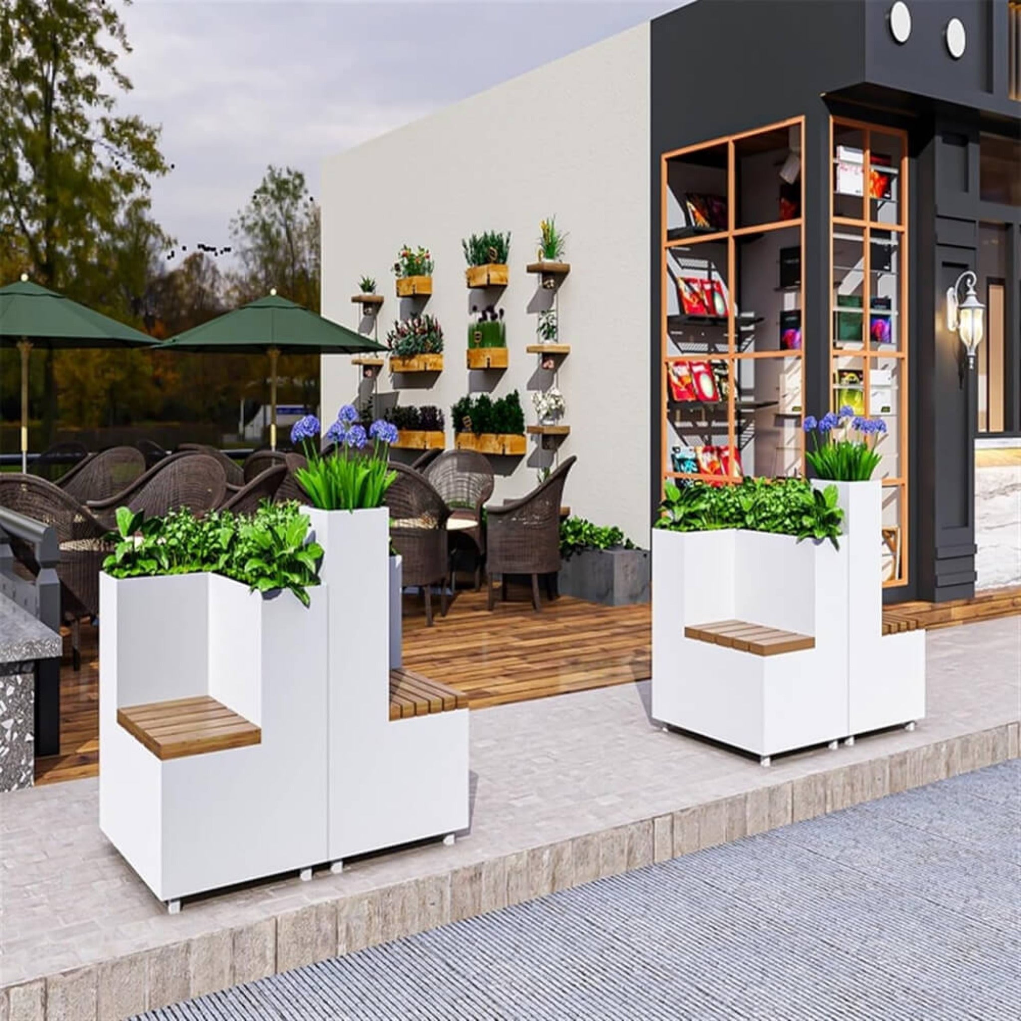 Premium Outdoor Commercial White Wooden Park Bench With Planter And Steel Frame