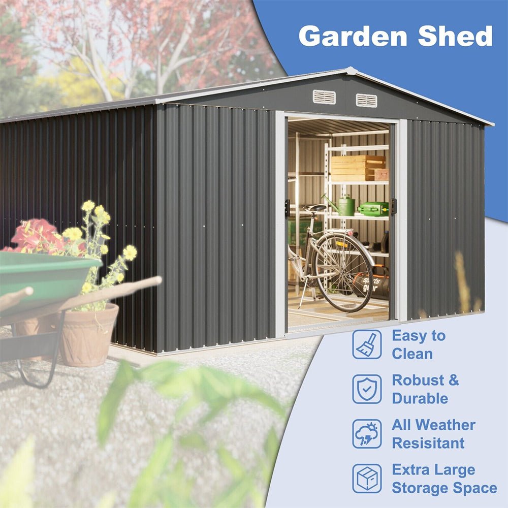 Premium Outdoor Galvanized Steel Backyard Storage Shed W/ Dual Lockable Sliding Doors, 11x13' (95382641)