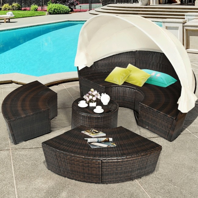 Premium Round Outdoor Patio Rattan Daybed W/ Canopy & Table, 76"