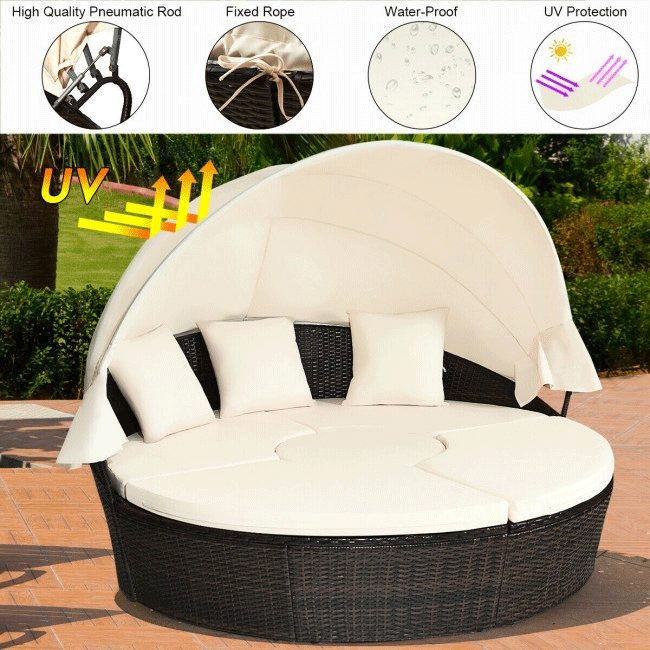 Premium Round Outdoor Patio Rattan Daybed W/ Canopy & Table, 76"